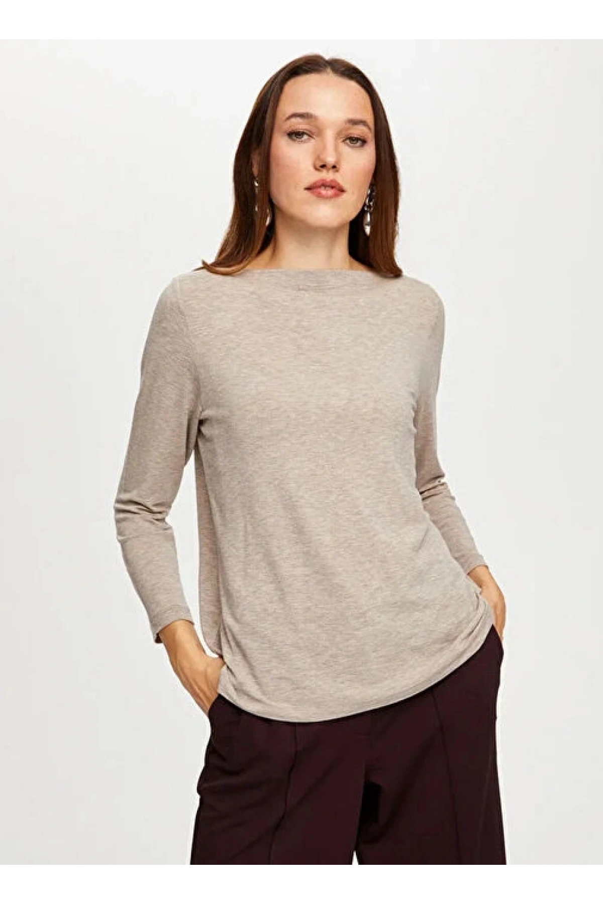 Faik Sönmez Kadın Kayık Yaka Triko Görünümlü Örme Taş Renk Bluz UW26BLZ009
