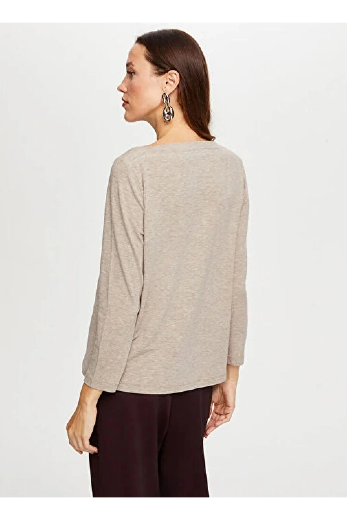 Faik Sönmez Kadın Kayık Yaka Triko Görünümlü Örme Taş Renk Bluz UW26BLZ009