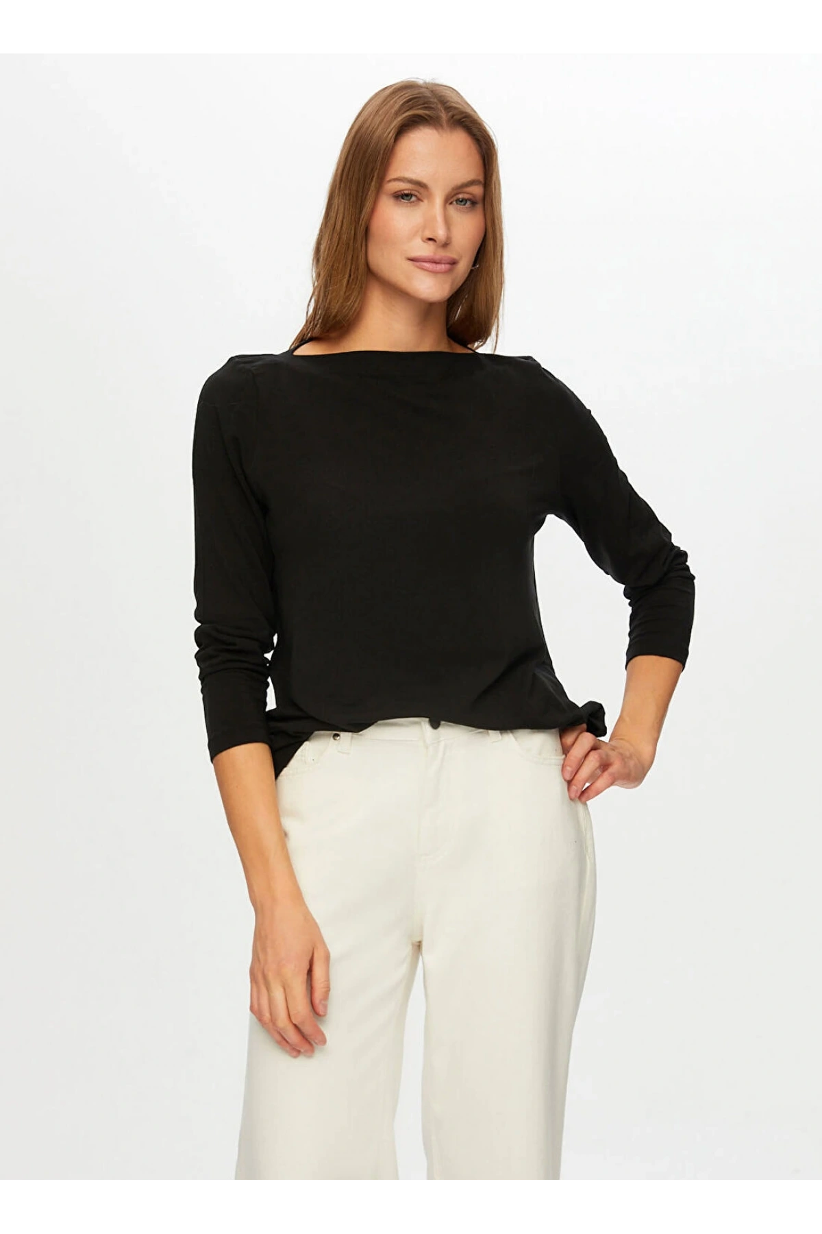 Faik Sönmez Kadın Kayık Yaka Triko Görünümlü Örme Siyah Bluz UW26BLZ009