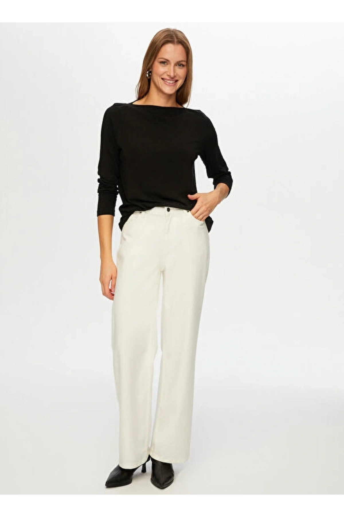 Faik Sönmez Kadın Kayık Yaka Triko Görünümlü Örme Siyah Bluz UW26BLZ009