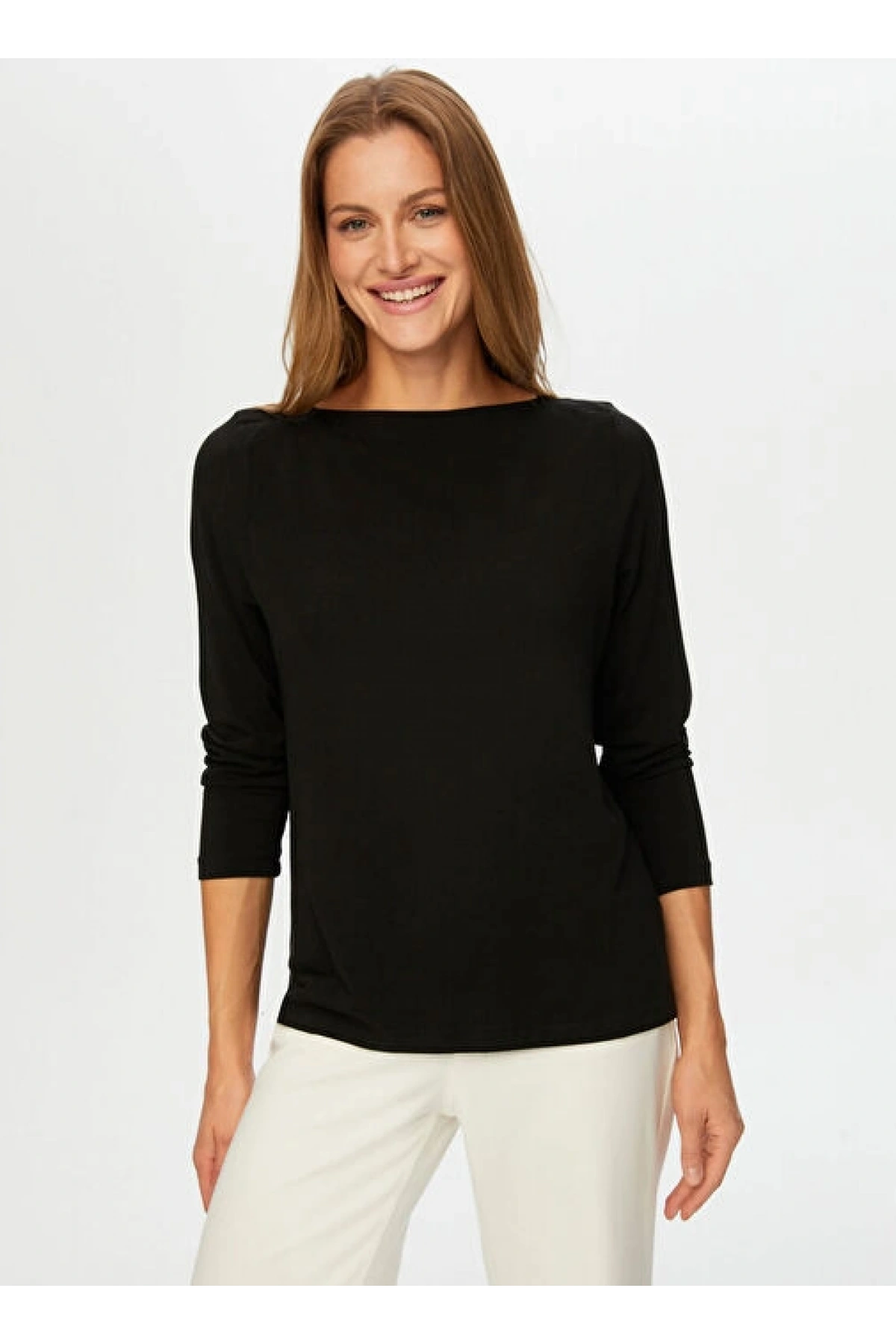 Faik Sönmez Kadın Kayık Yaka Triko Görünümlü Örme Siyah Bluz UW26BLZ009