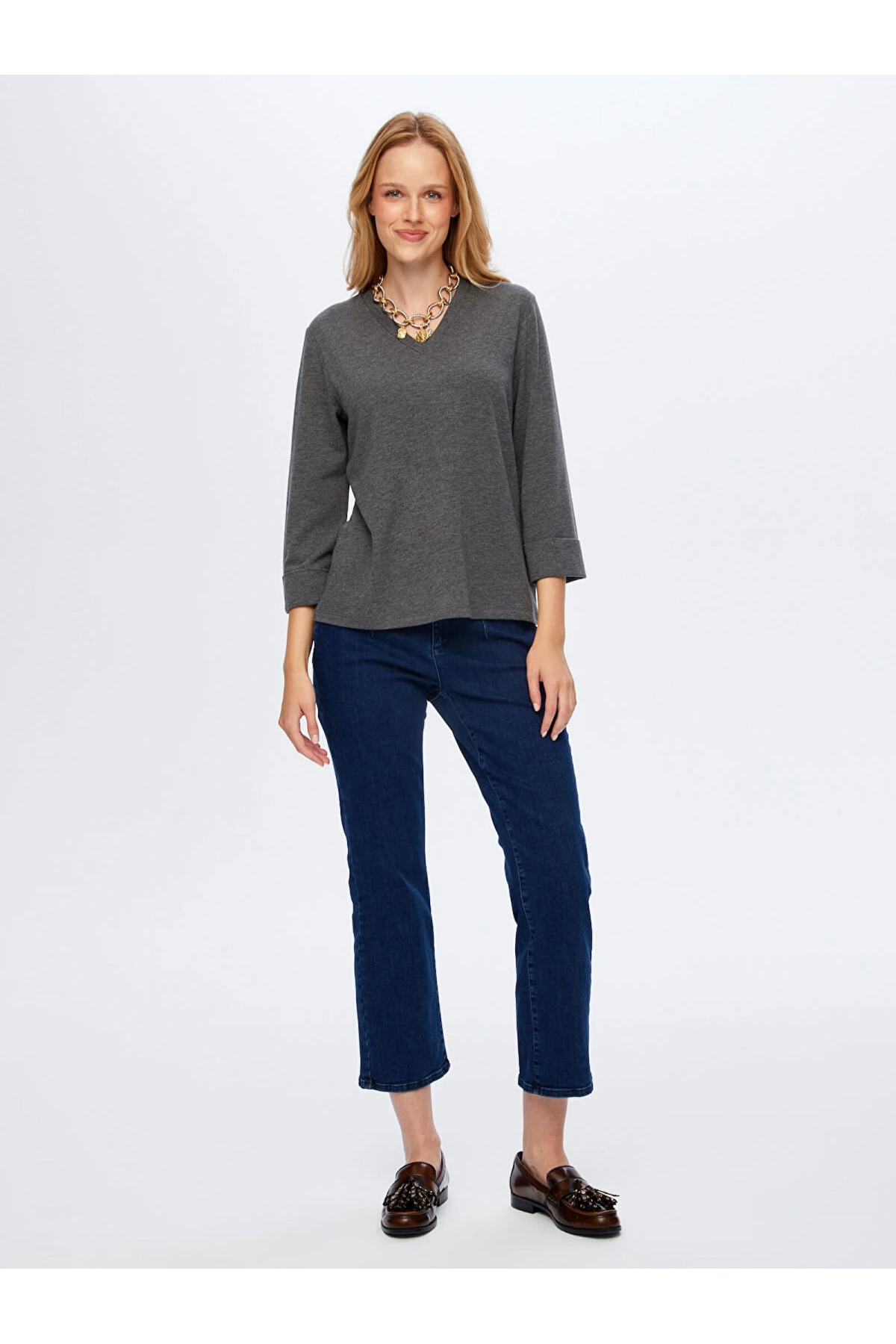 Faik Sönmez Kadın V Yaka Truvakar Kol Antrasit T-Shirt UW26TSH002
