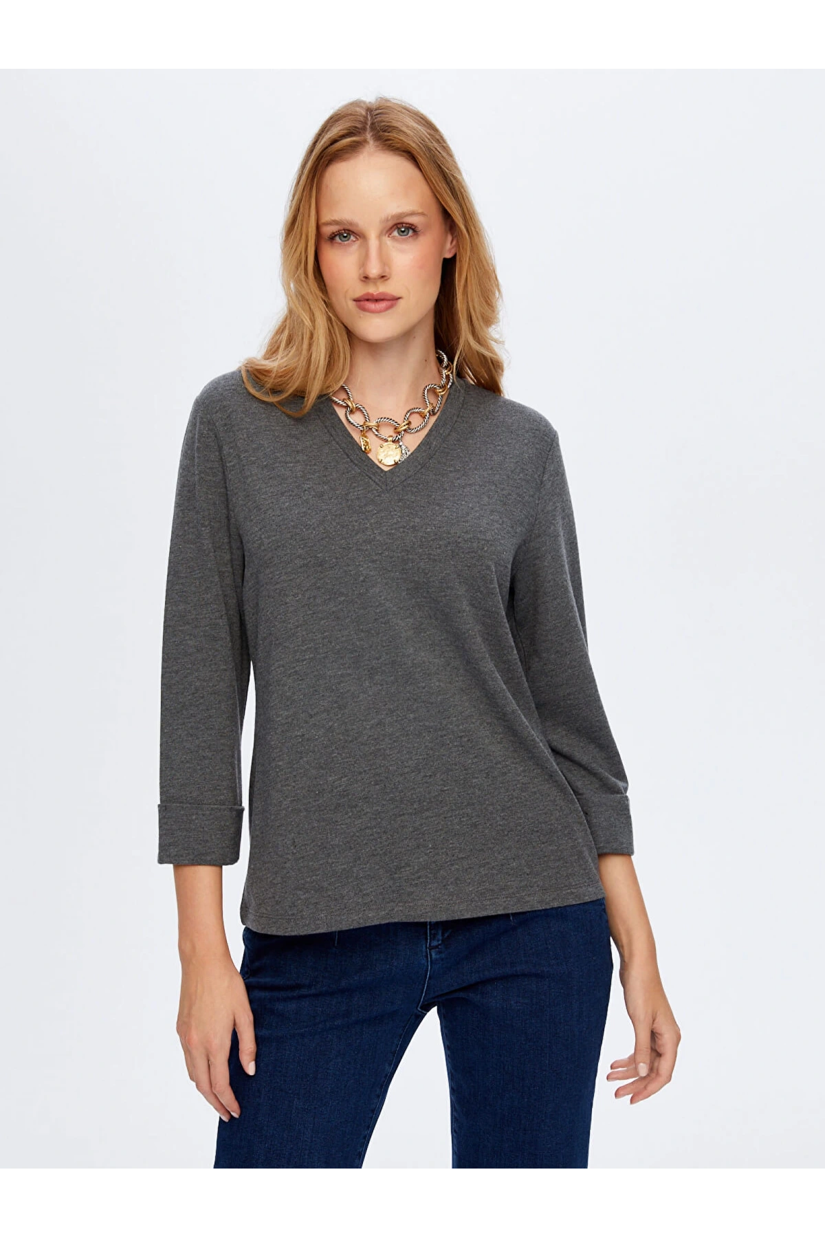Faik Sönmez Kadın V Yaka Truvakar Kol Antrasit T-Shirt UW26TSH002