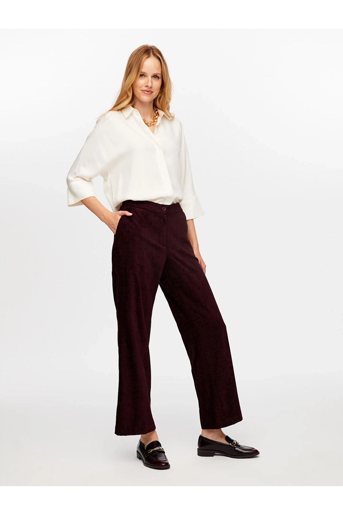 Faik Sönmez Kadın Wide Leg Fit Şönil Mürdüm Pantolon W26PNT014