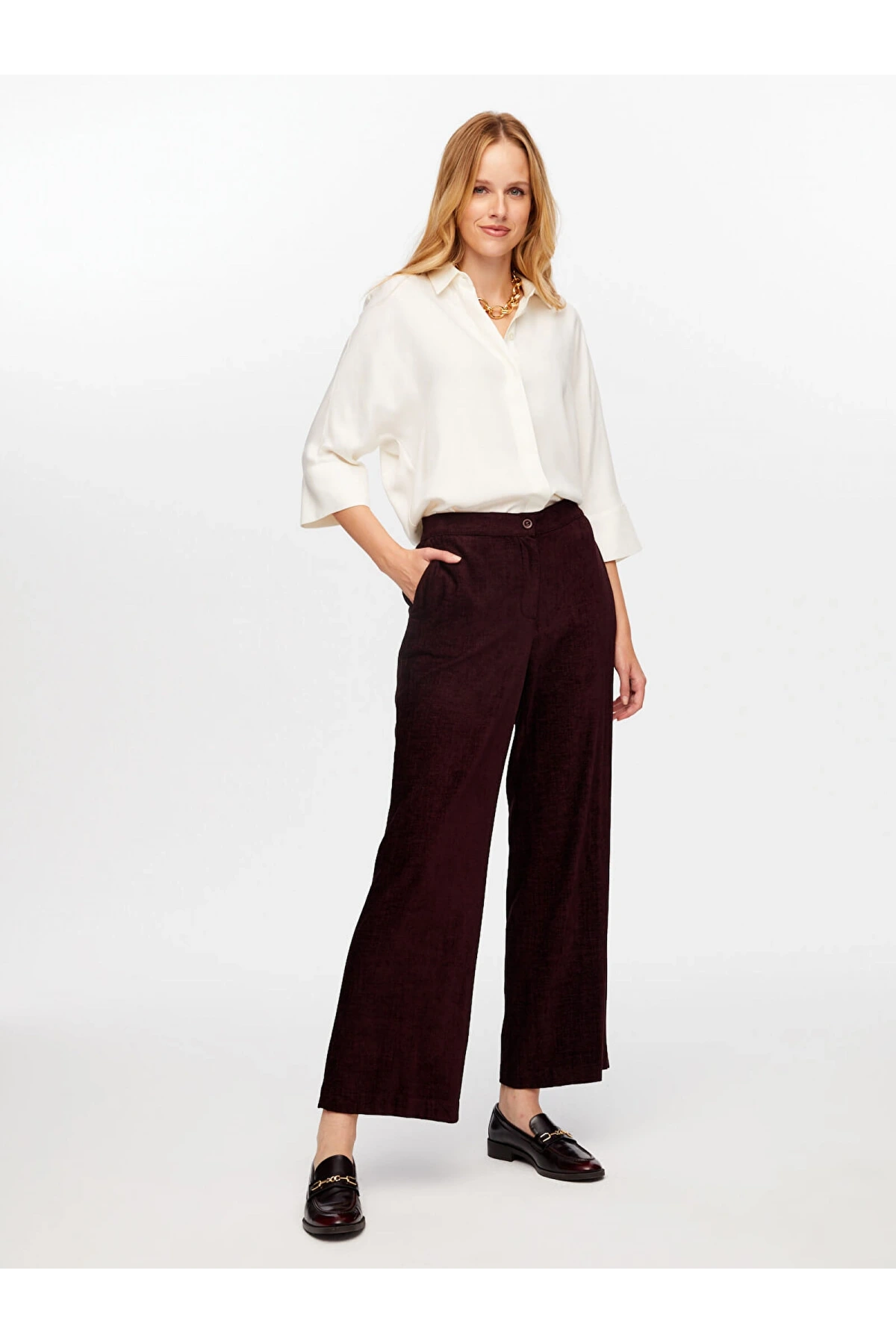 Faik Sönmez Kadın Wide Leg Fit Şönil Mürdüm Pantolon W26PNT014