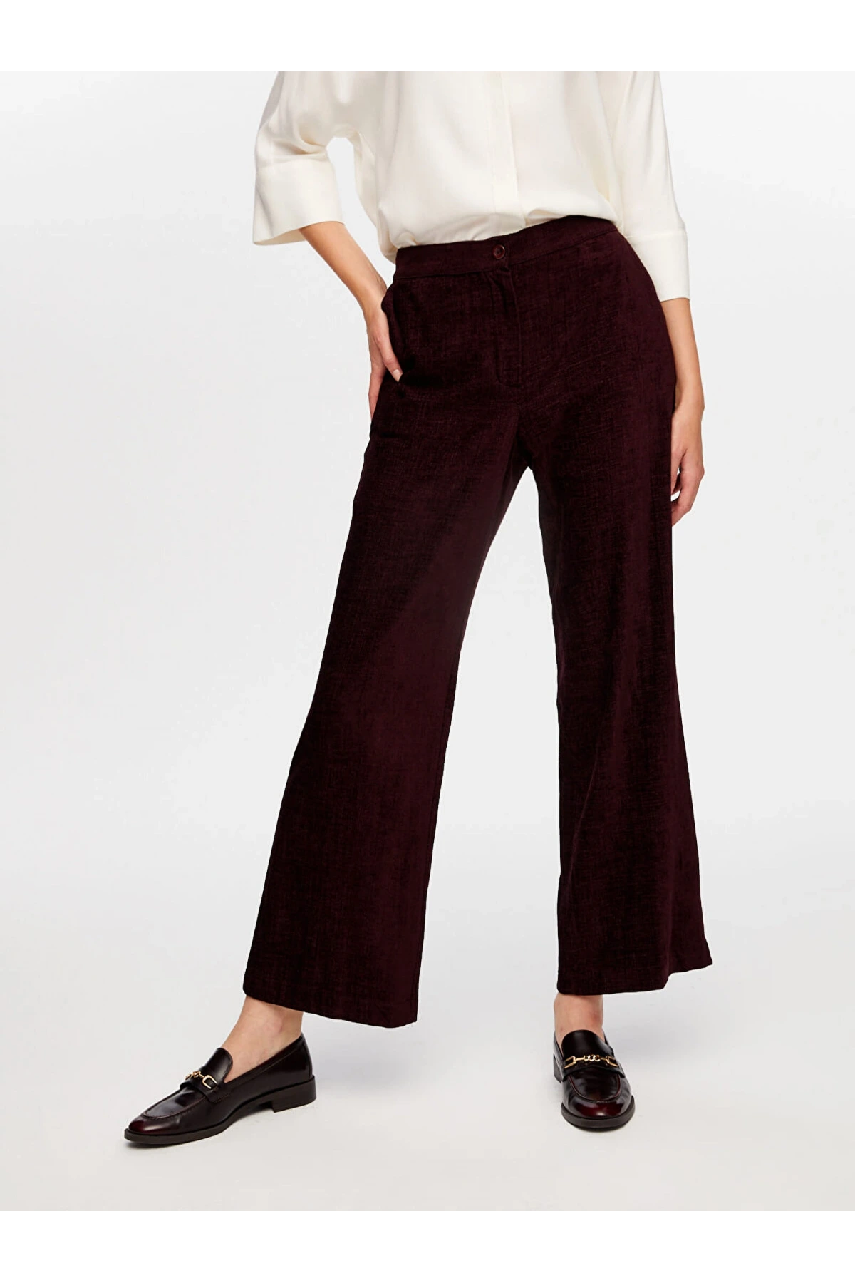 Faik Sönmez Kadın Wide Leg Fit Şönil Mürdüm Pantolon W26PNT014