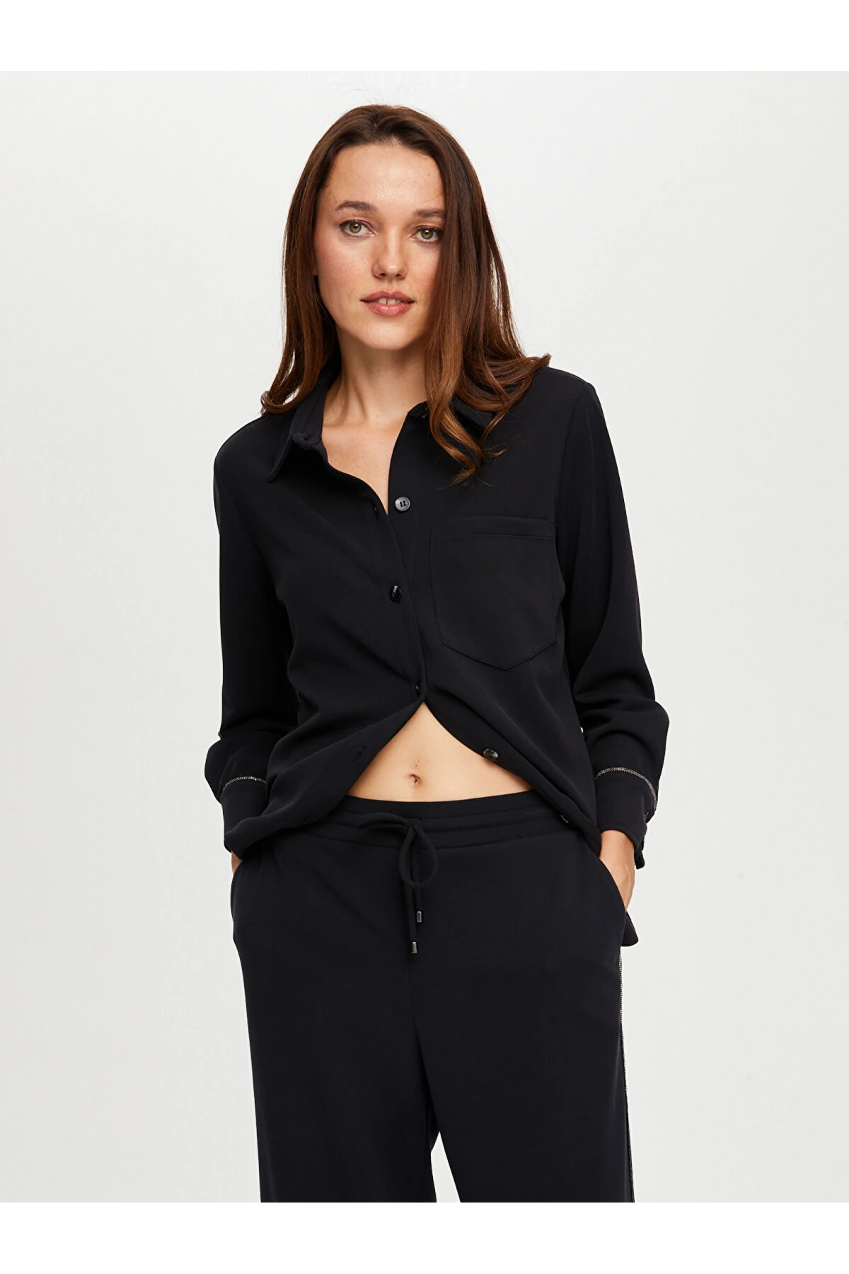 Faik Sönmez Kadın Relax Zincir Şeritli Modallı Örme Siyah Tunik UW26TNK017