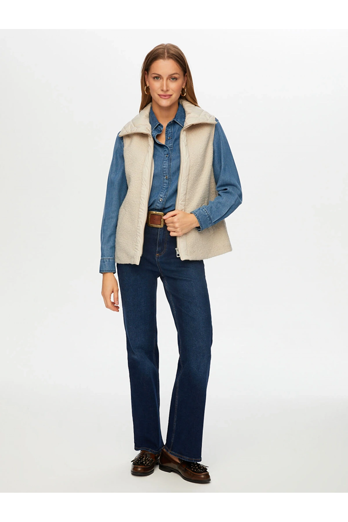 Faik Sönmez Kadın Kapitone Garnili Bürümcük Taş Renk Yelek UW26KYL005