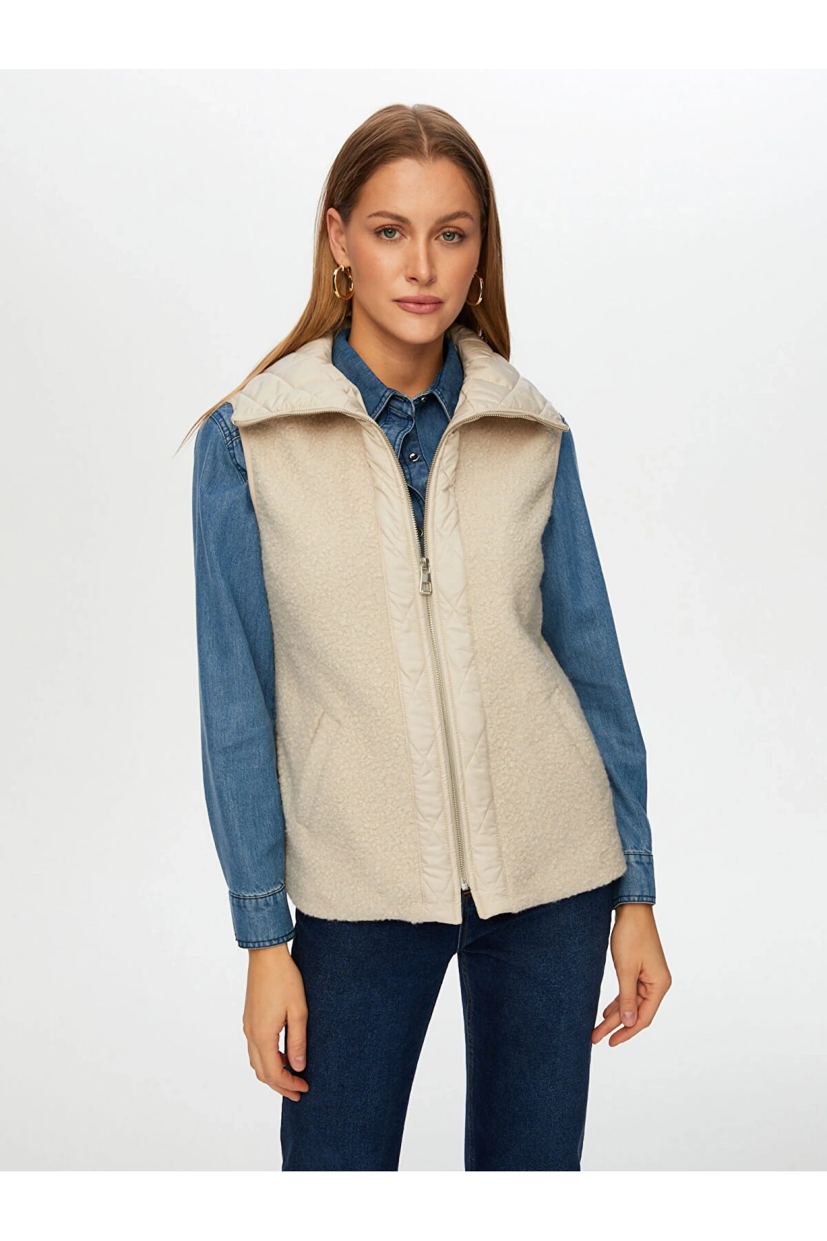 Faik Sönmez Kadın Kapitone Garnili Bürümcük Taş Renk Yelek UW26KYL005