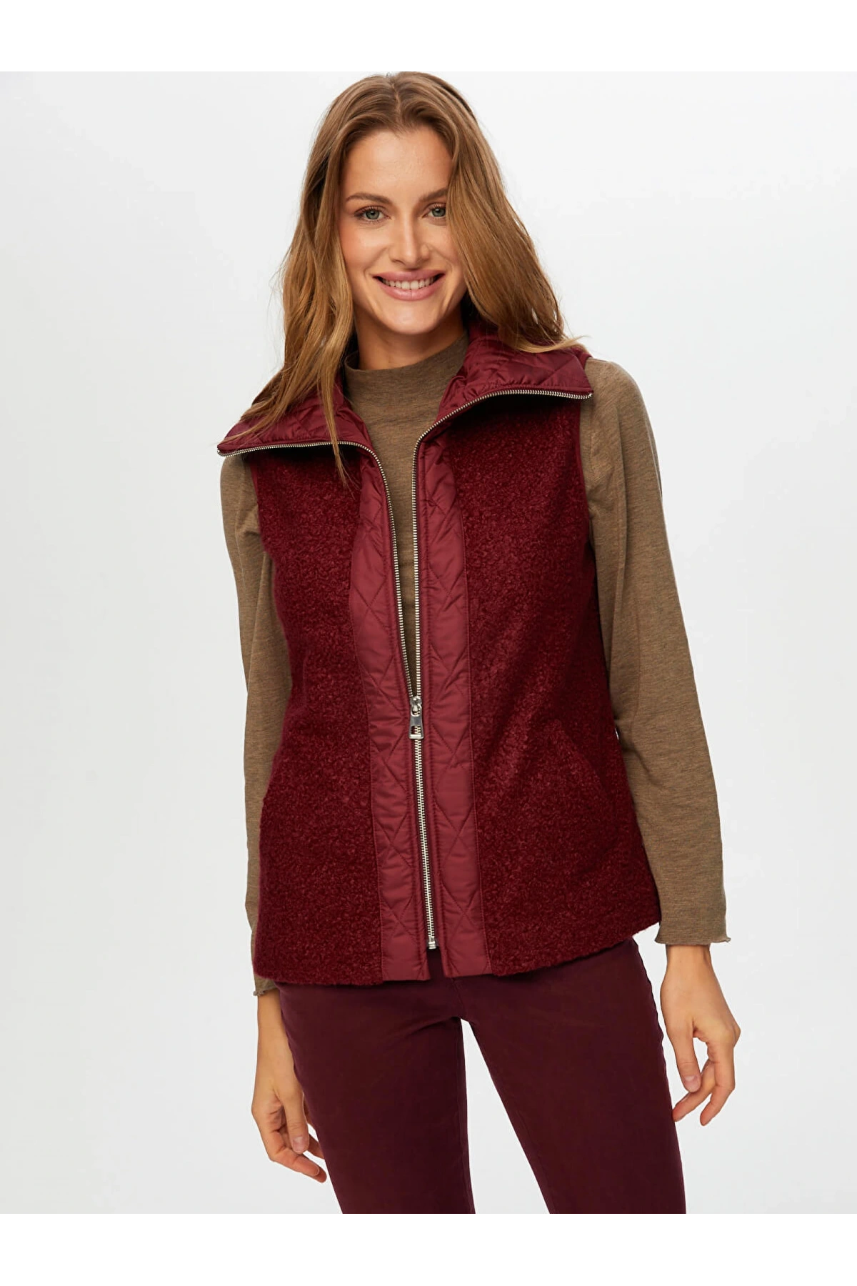 Faik Sönmez Kadın Kapitone Garnili Bürümcük Mürdüm Yelek UW26KYL005