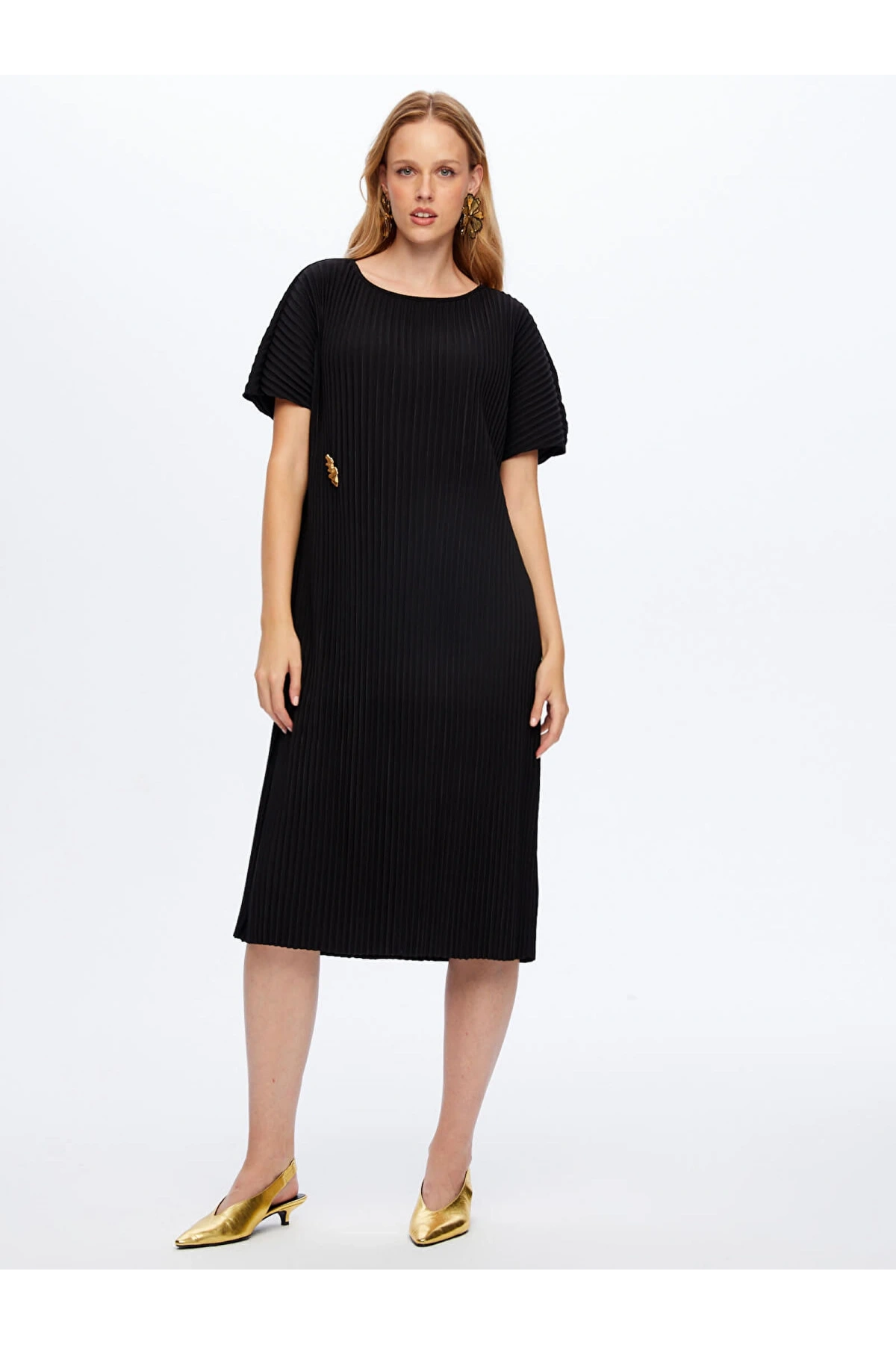 Faik Sönmez Kadın Kendinden Piliseli Örme Siyah Torba Elbise UW26ELB025