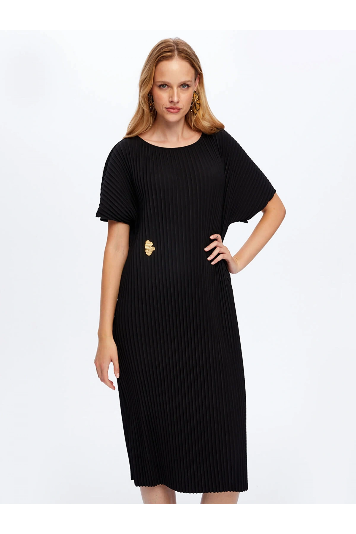 Faik Sönmez Kadın Kendinden Piliseli Örme Siyah Torba Elbise UW26ELB025