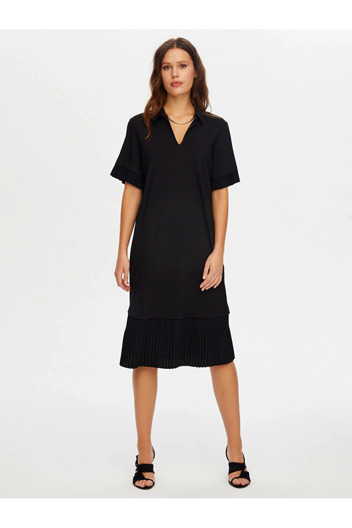 Faik Sönmez Kadın Eteği Pililseli Kısa Kol Örme Siyah Elbise UW26ELB022