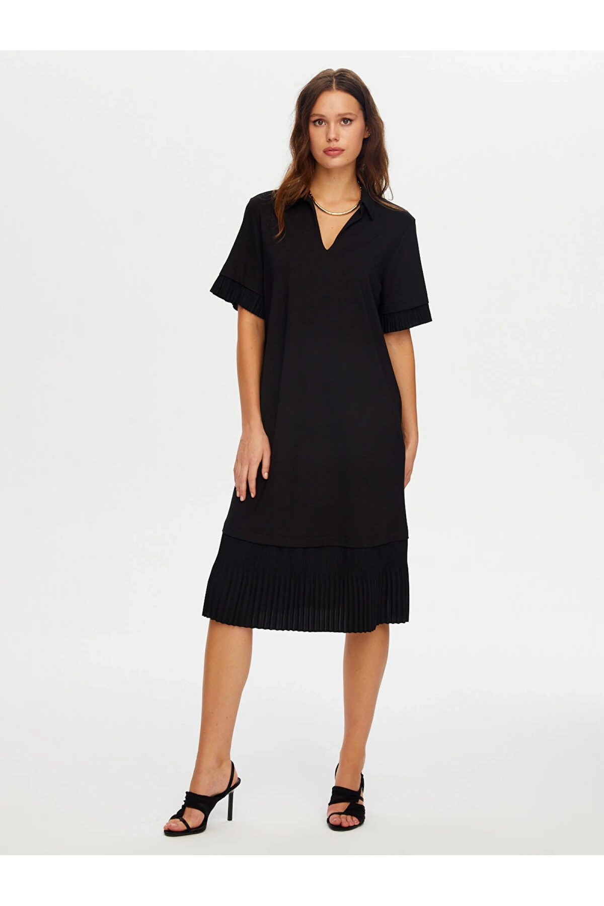 Faik Sönmez Kadın Eteği Pililseli Kısa Kol Örme Siyah Elbise UW26ELB022