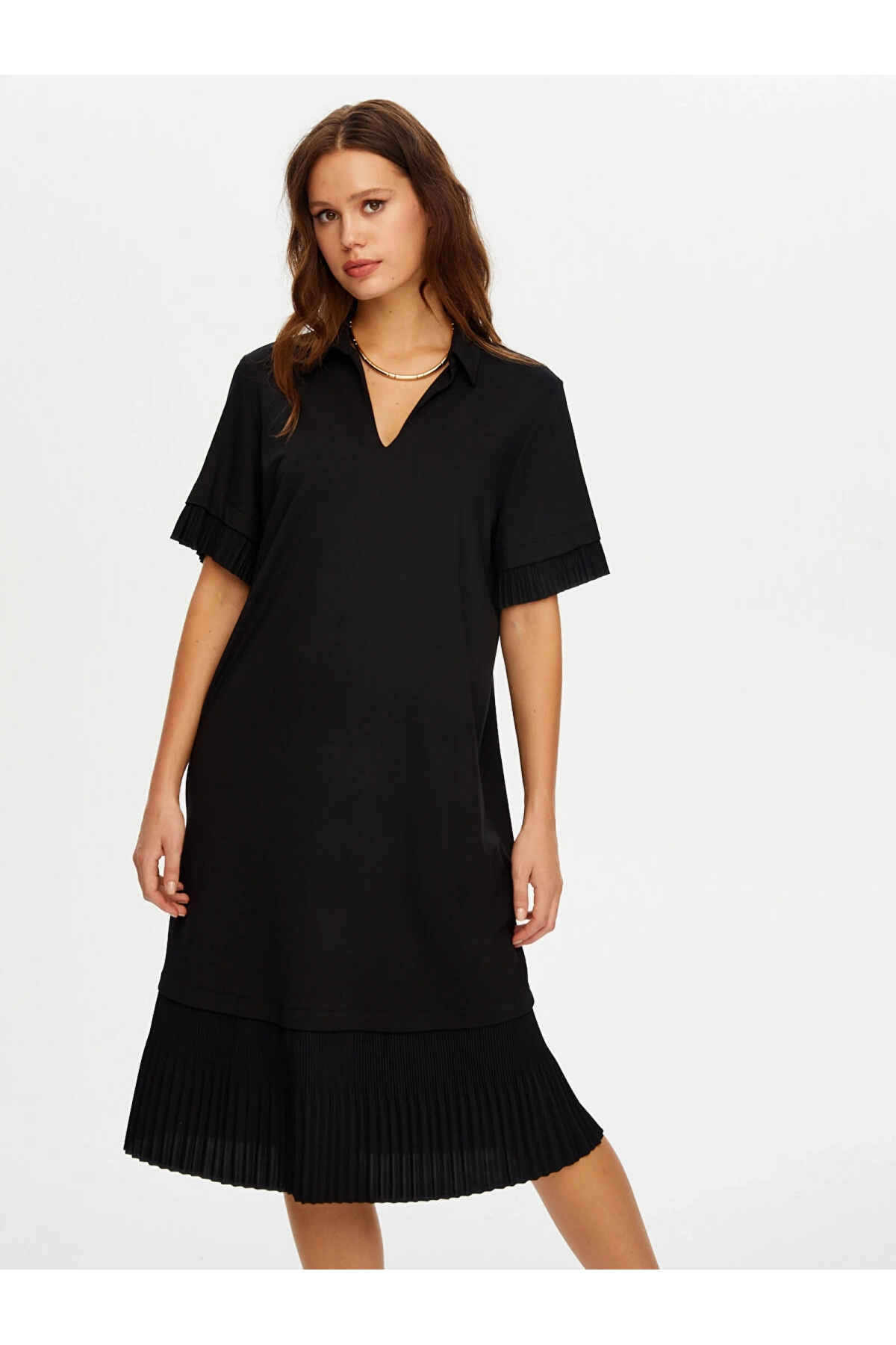 Faik Sönmez Kadın Eteği Pililseli Kısa Kol Örme Siyah Elbise UW26ELB022