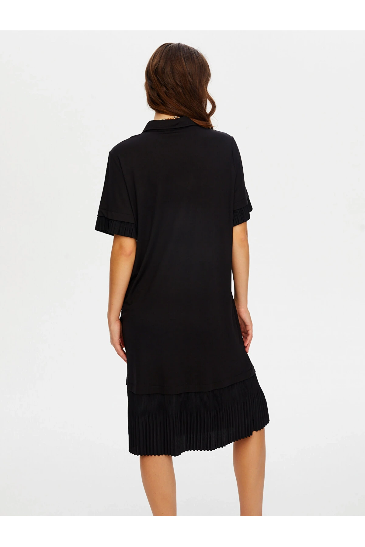 Faik Sönmez Kadın Eteği Pililseli Kısa Kol Örme Siyah Elbise UW26ELB022