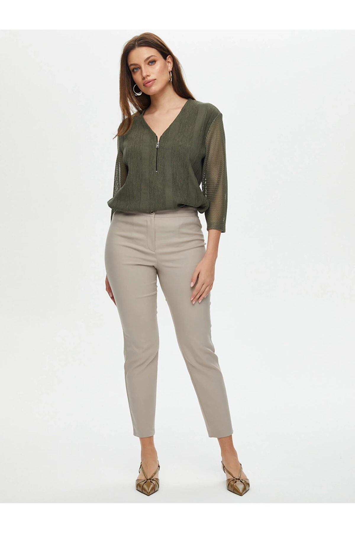 Faik Sönmez Kadın Slim Fit Klasik Taş Renk Pantolon B00052