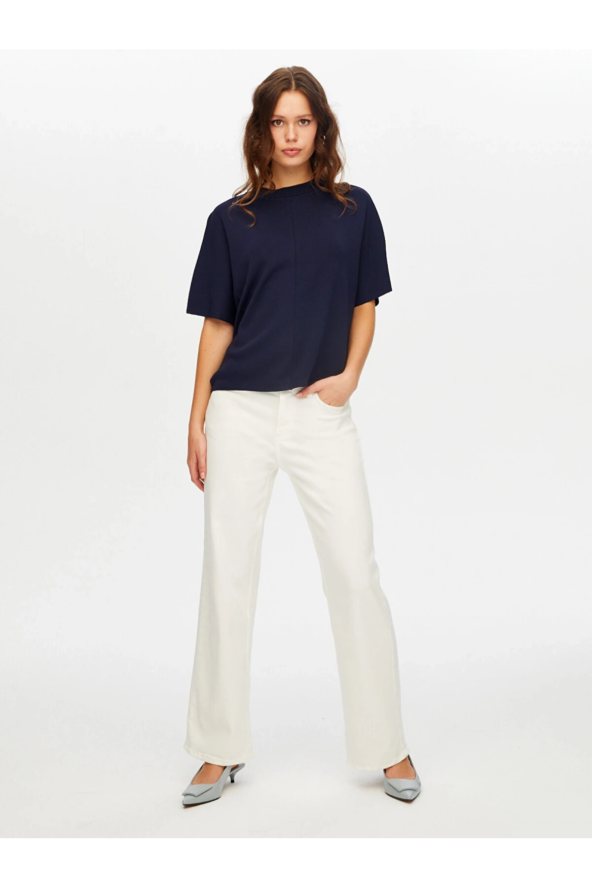 Faik Sönmez Kadın Dik Yaka Kısa Kollu Triko Lacivert Bluz UW26TRB012