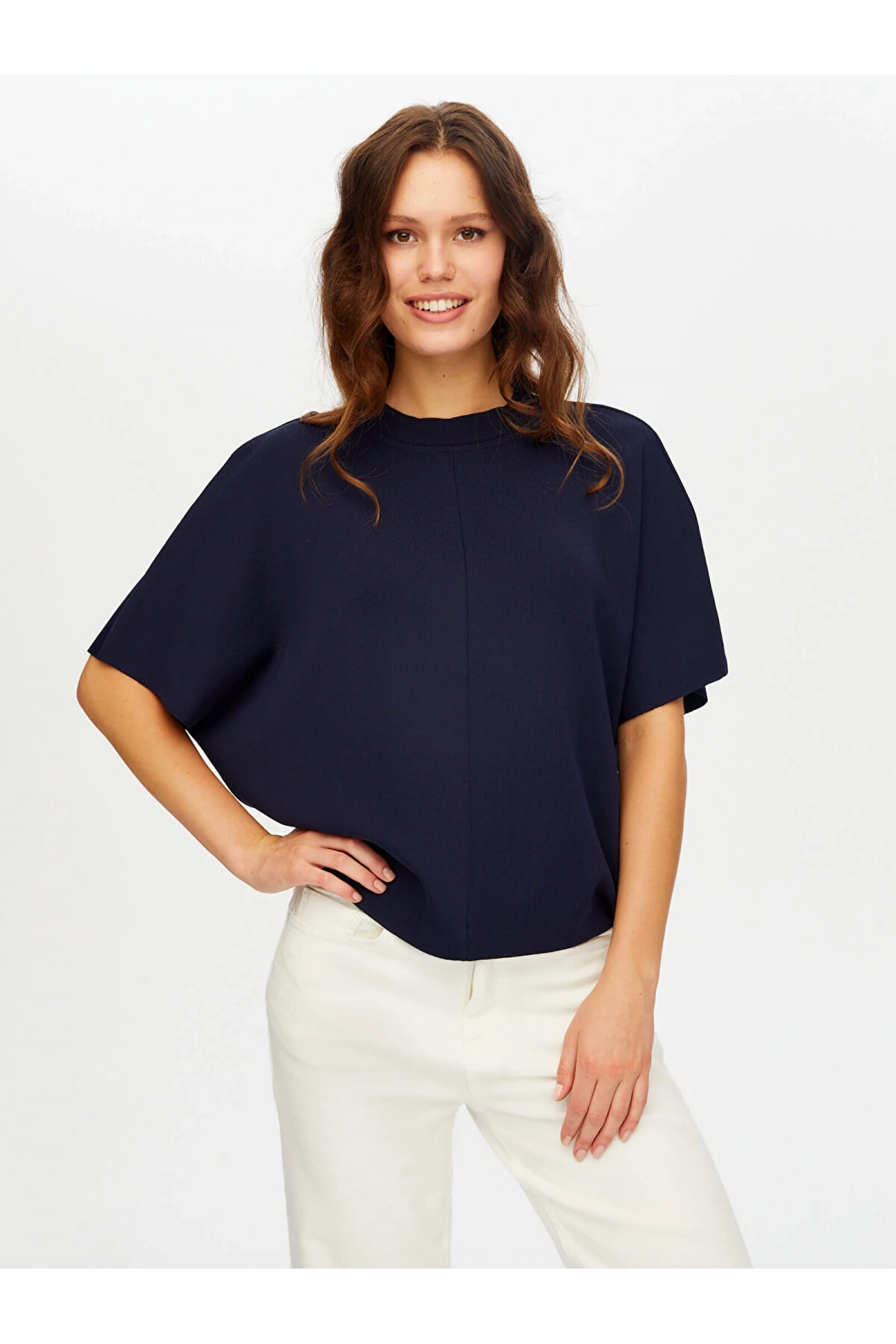 Faik Sönmez Kadın Dik Yaka Kısa Kollu Triko Lacivert Bluz UW26TRB012