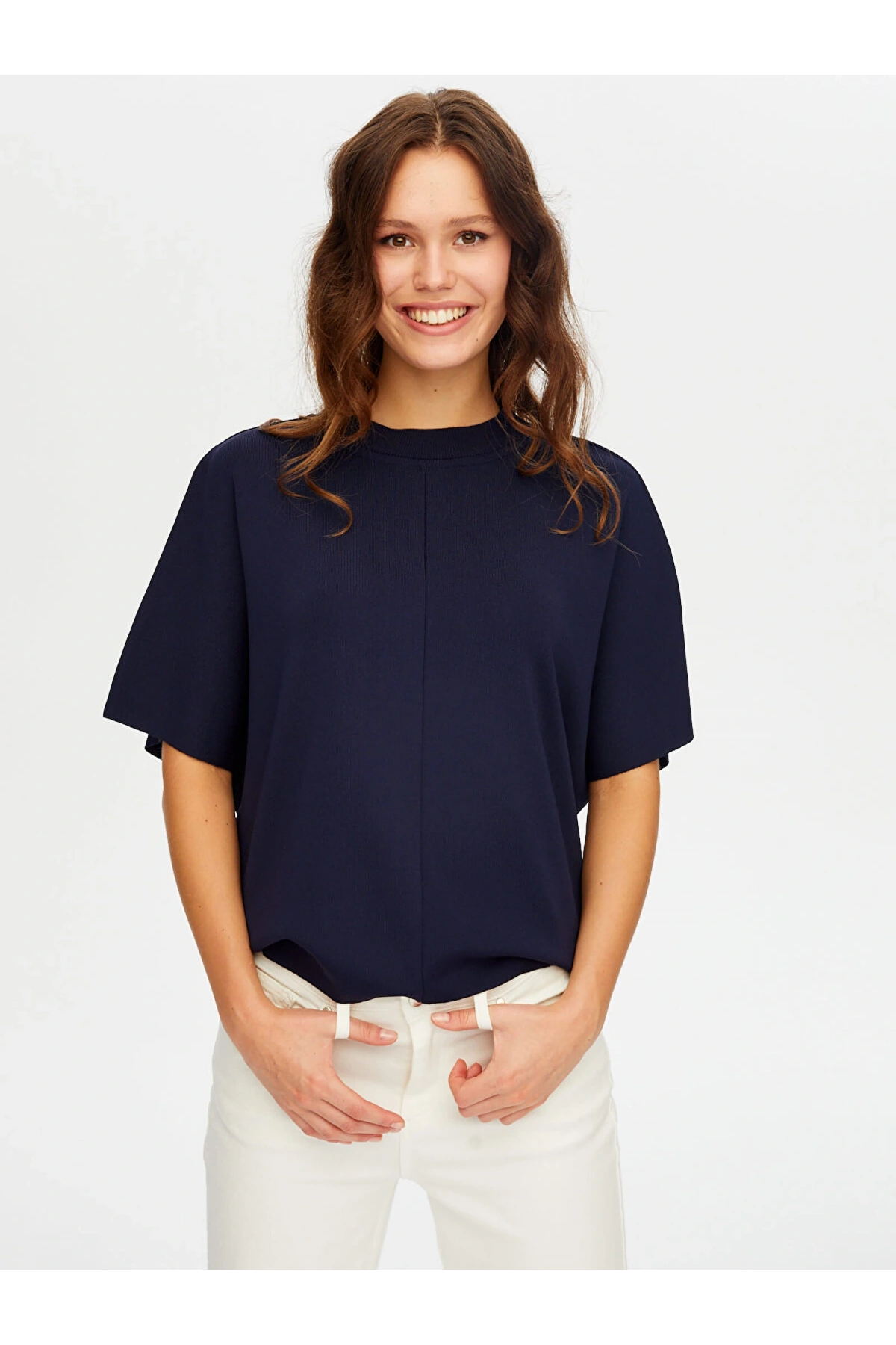 Faik Sönmez Kadın Dik Yaka Kısa Kollu Triko Lacivert Bluz UW26TRB012