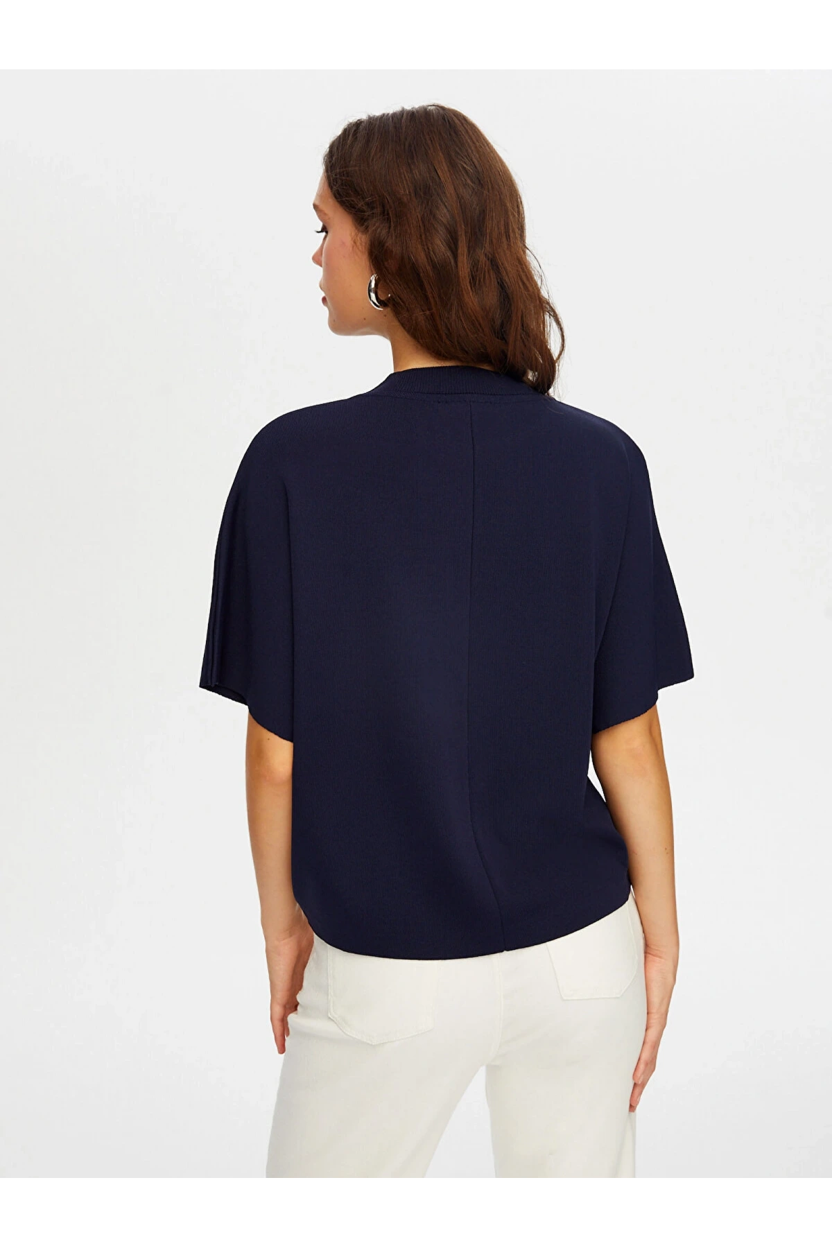Faik Sönmez Kadın Dik Yaka Kısa Kollu Triko Lacivert Bluz UW26TRB012