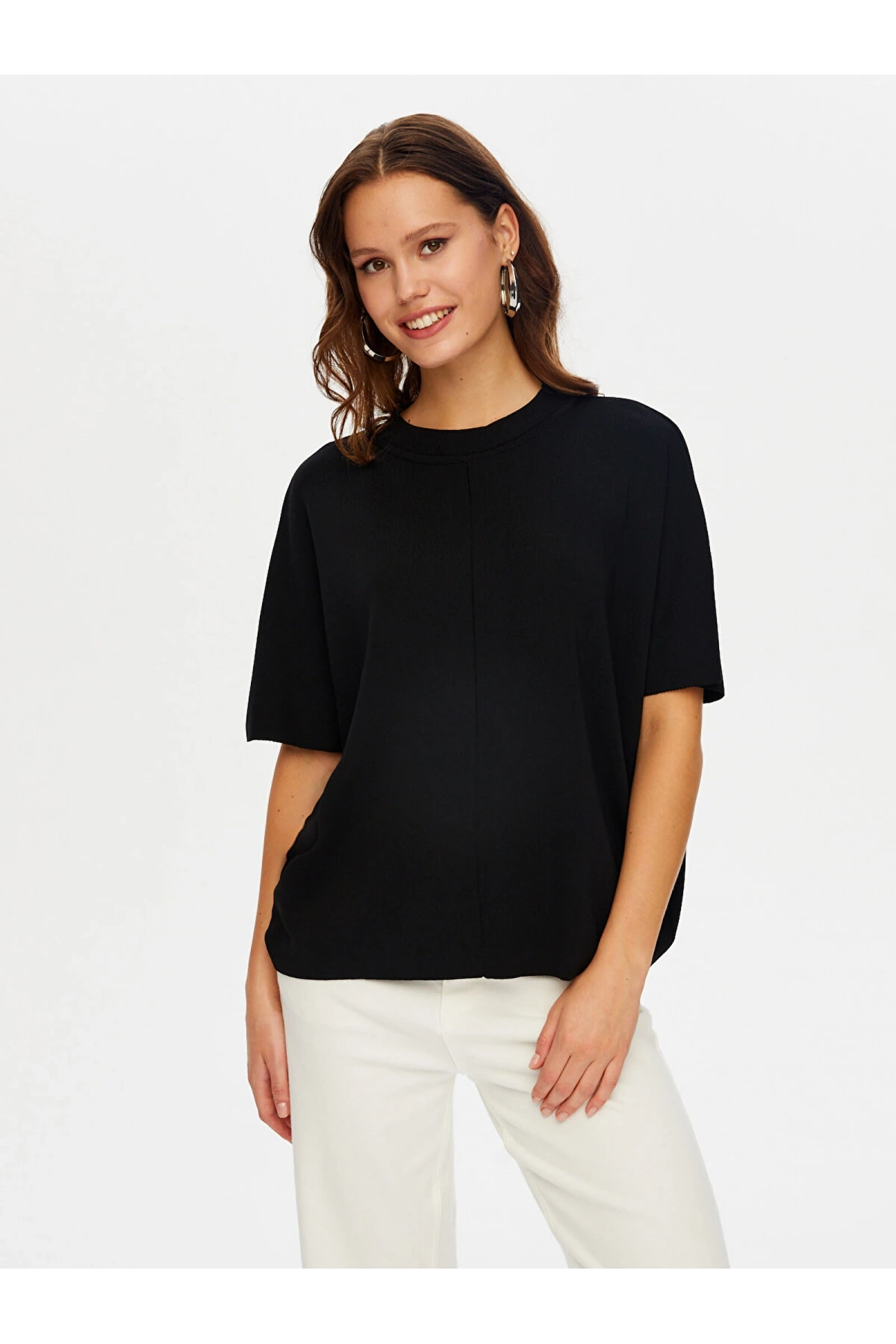 Faik Sönmez Kadın Dik Yaka Kısa Kollu Triko Siyah Bluz UW26TRB012