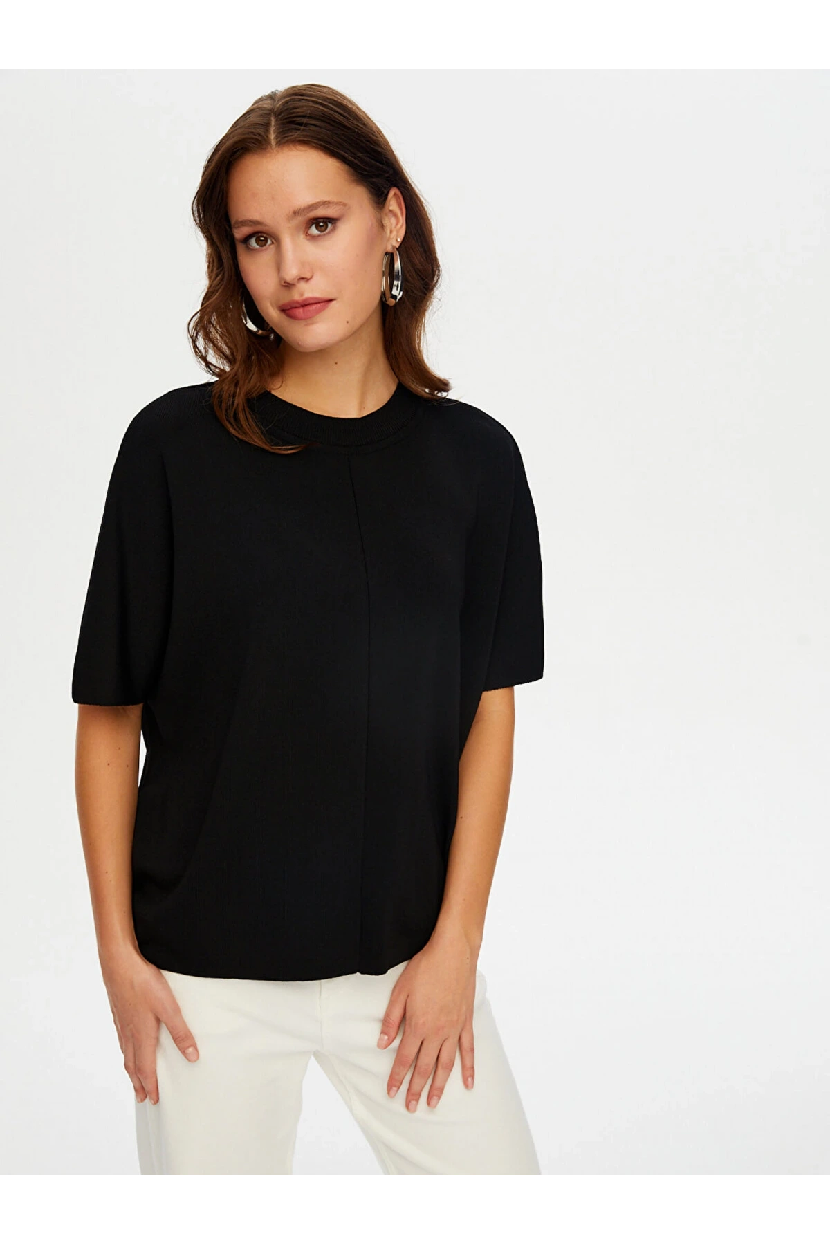 Faik Sönmez Kadın Dik Yaka Kısa Kollu Triko Siyah Bluz UW26TRB012