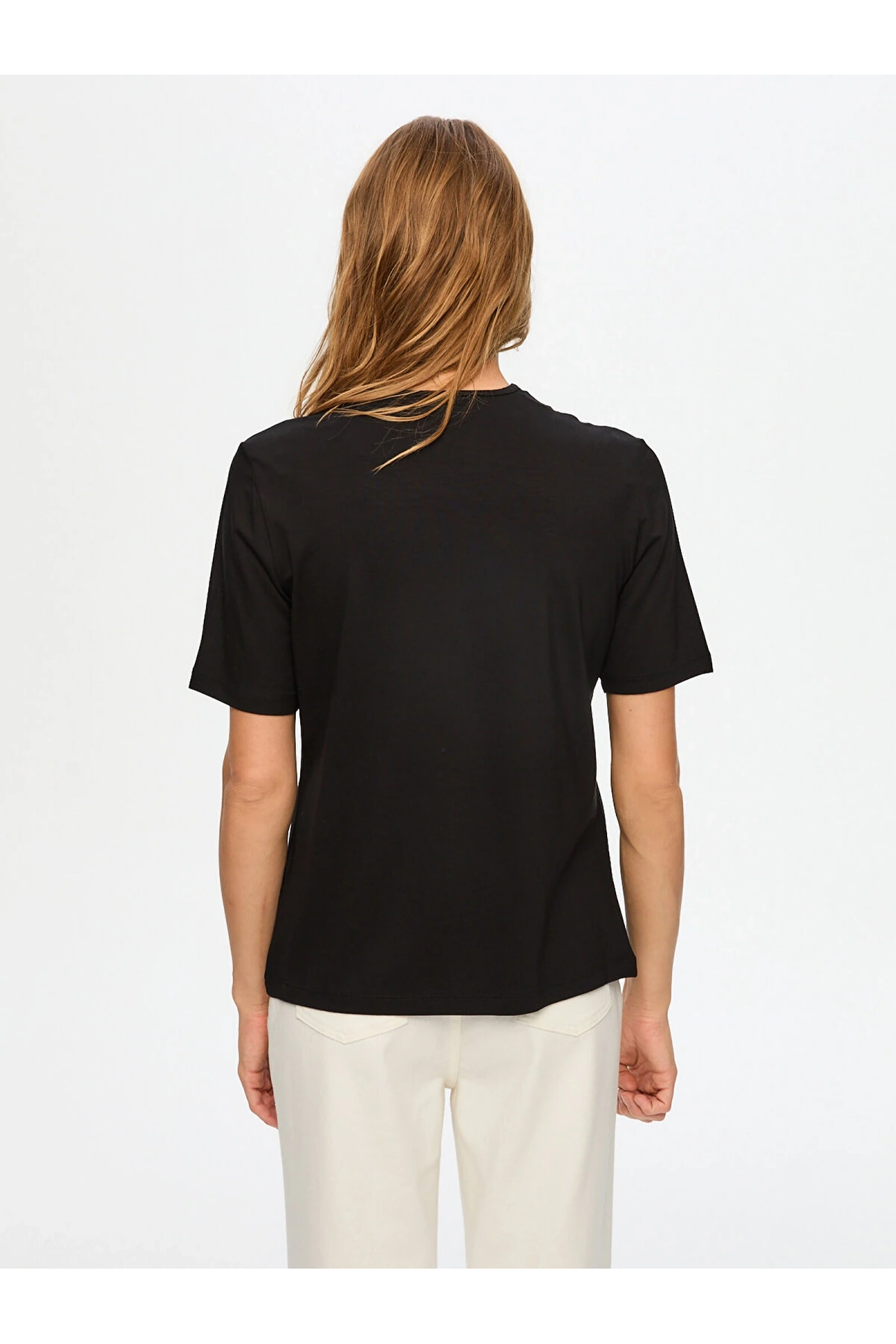 Faik Sönmez Kadın Renkli Triko Yakalı Sloganlı Siyah T-Shirt UW26TSH055