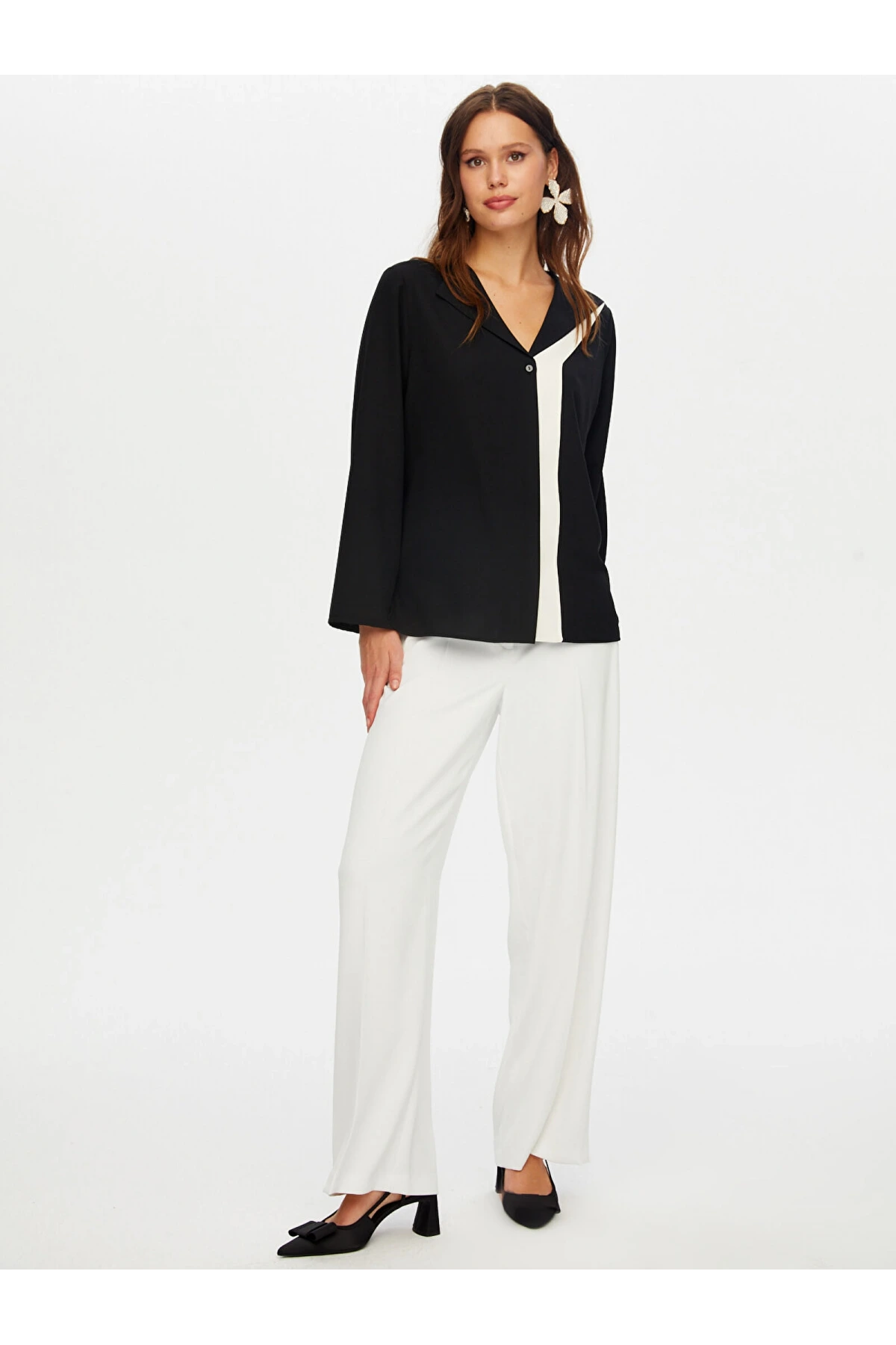 Fail Sönmez Kadın Renk Bloklu Devrik Yaka Siyah Gömlek UW26GML013