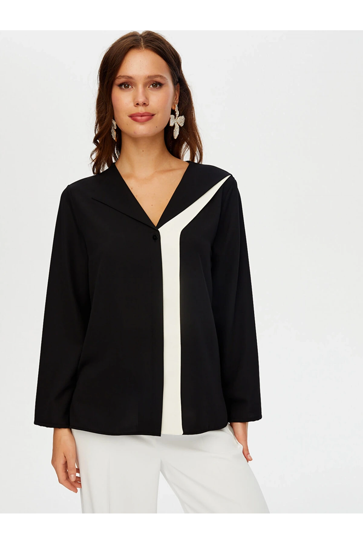 Fail Sönmez Kadın Renk Bloklu Devrik Yaka Siyah Gömlek UW26GML013