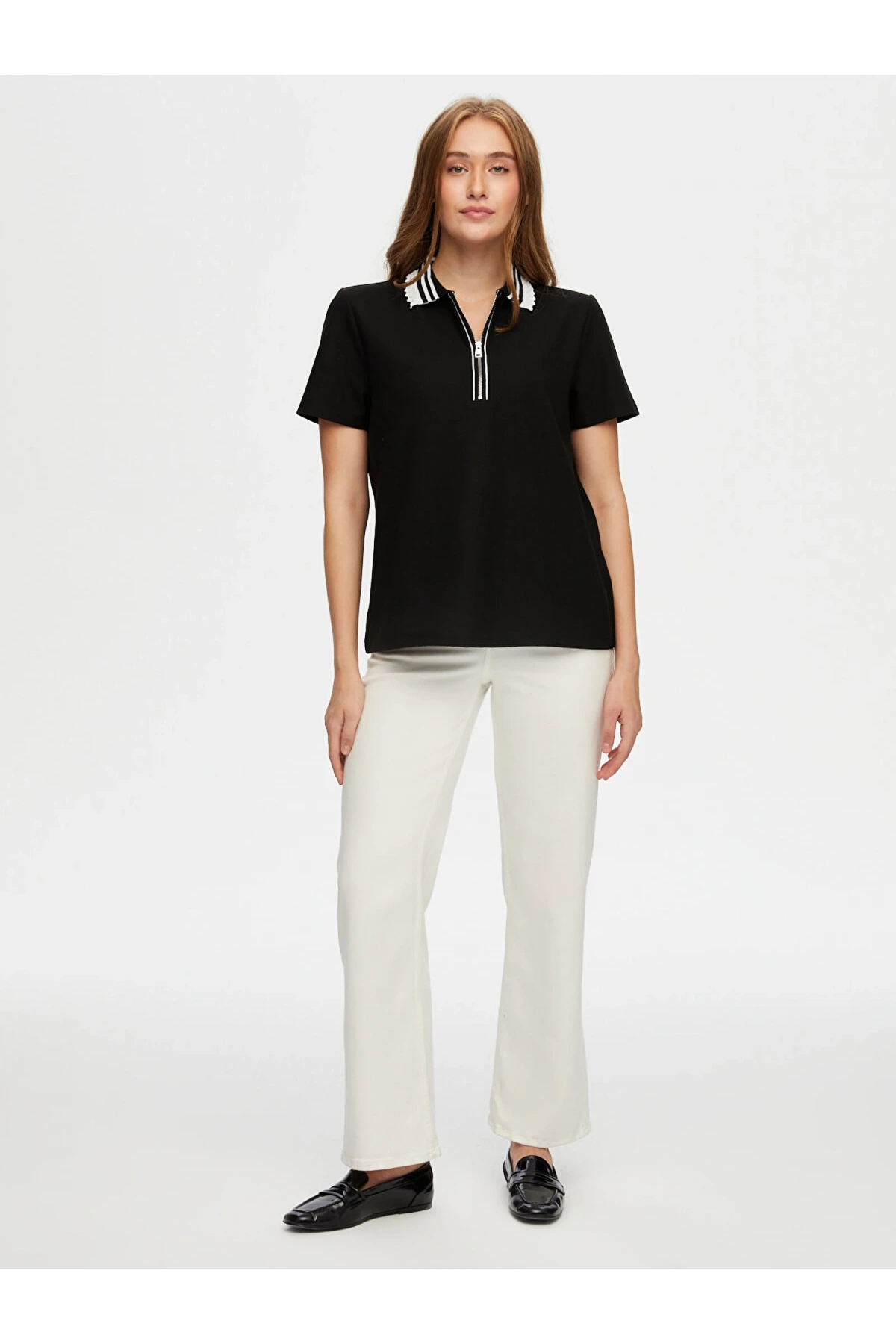 Faik Sönmez Kadın Fermuar Detaylı Polo Yaka Kısa Kol Siyah T-Shirt UW26TSH082