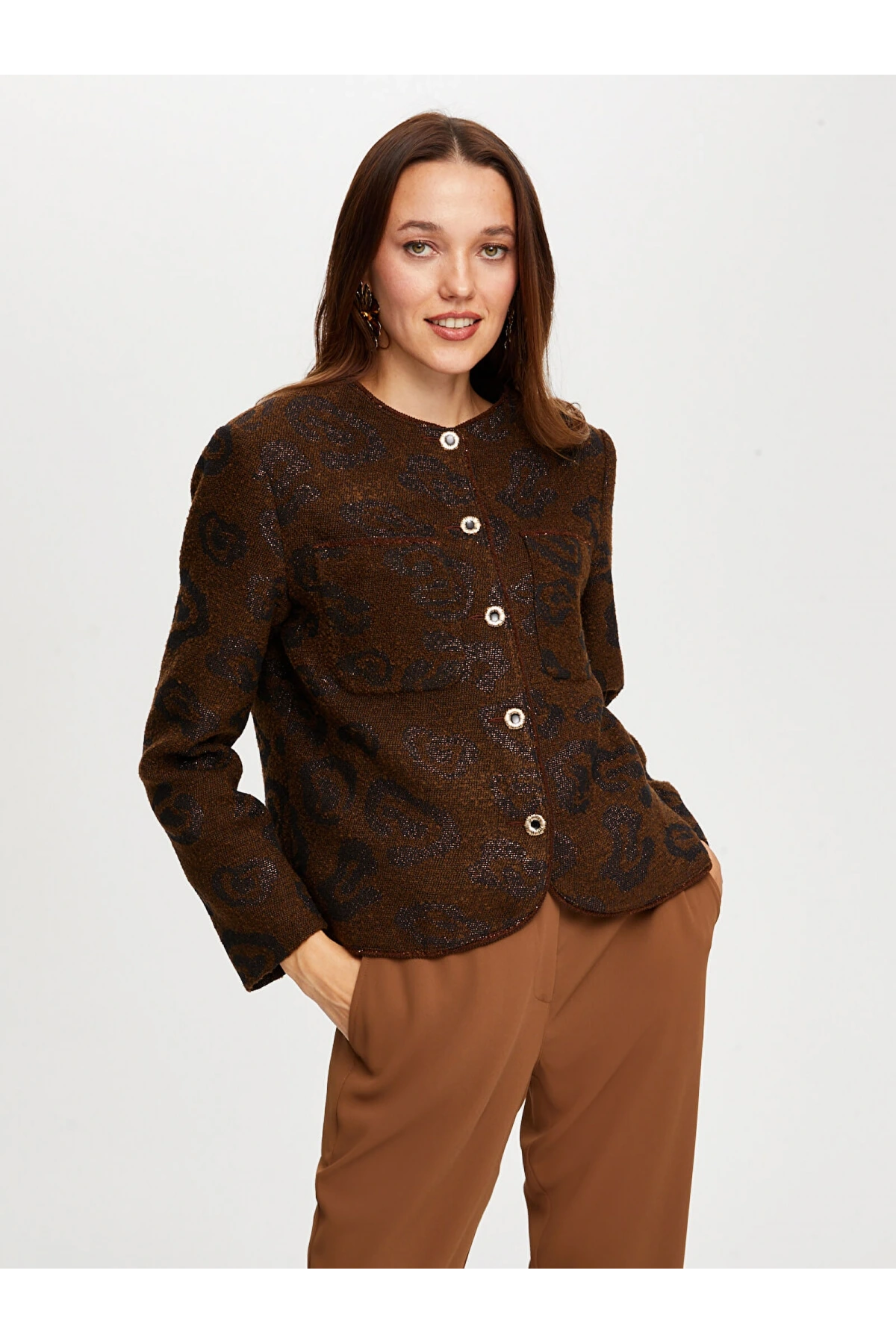 Faik Sönmez Kadın Kendinden Jakarlı Simli Kahverengi Ceket UW26CKT26
