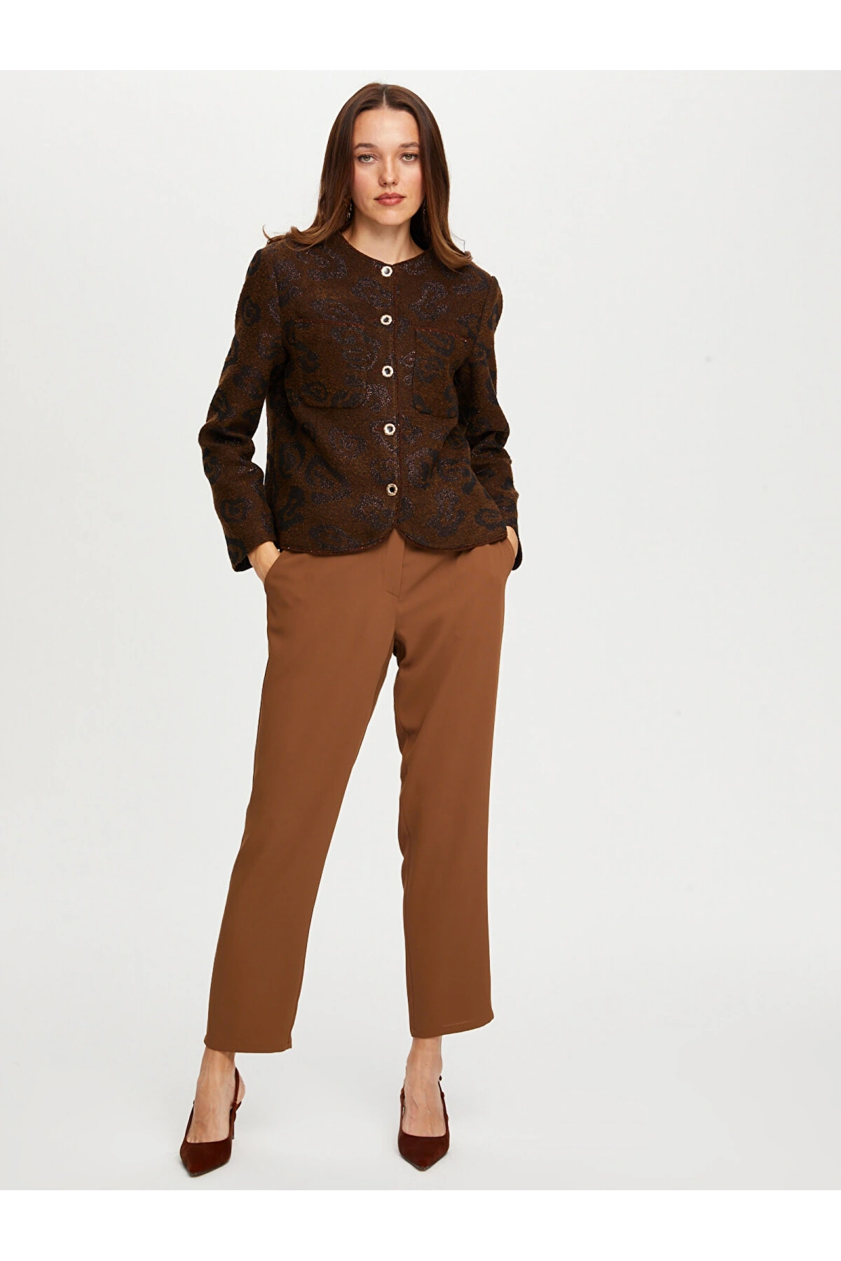 Faik Sönmez Kadın Kendinden Jakarlı Simli Kahverengi Ceket UW26CKT26