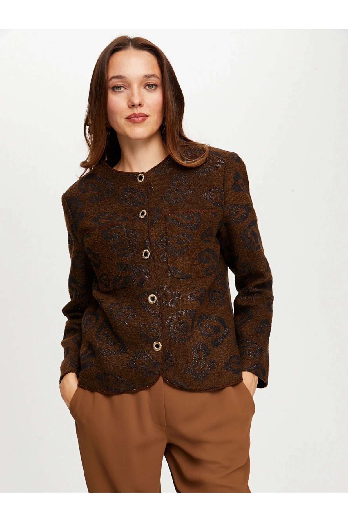 Faik Sönmez Kadın Kendinden Jakarlı Simli Kahverengi Ceket UW26CKT26
