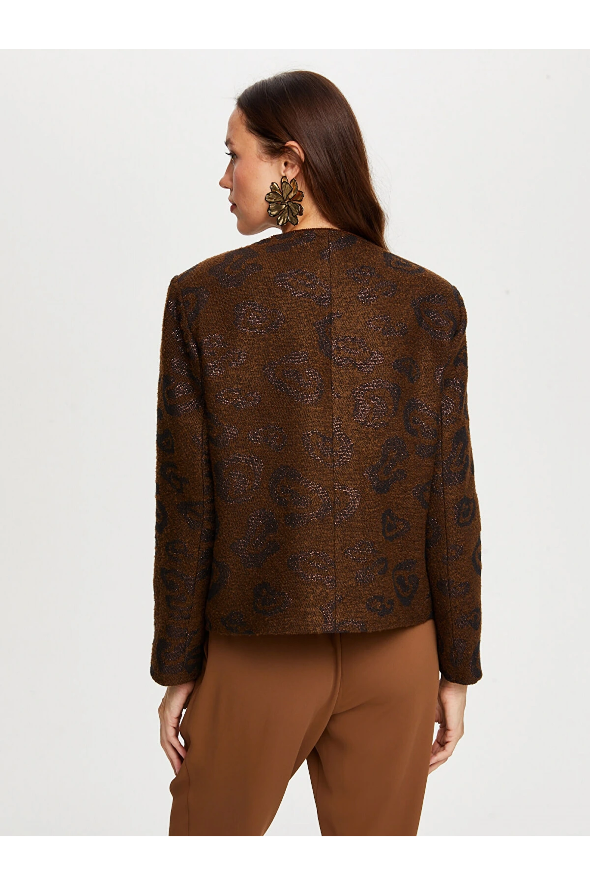Faik Sönmez Kadın Kendinden Jakarlı Simli Kahverengi Ceket UW26CKT26