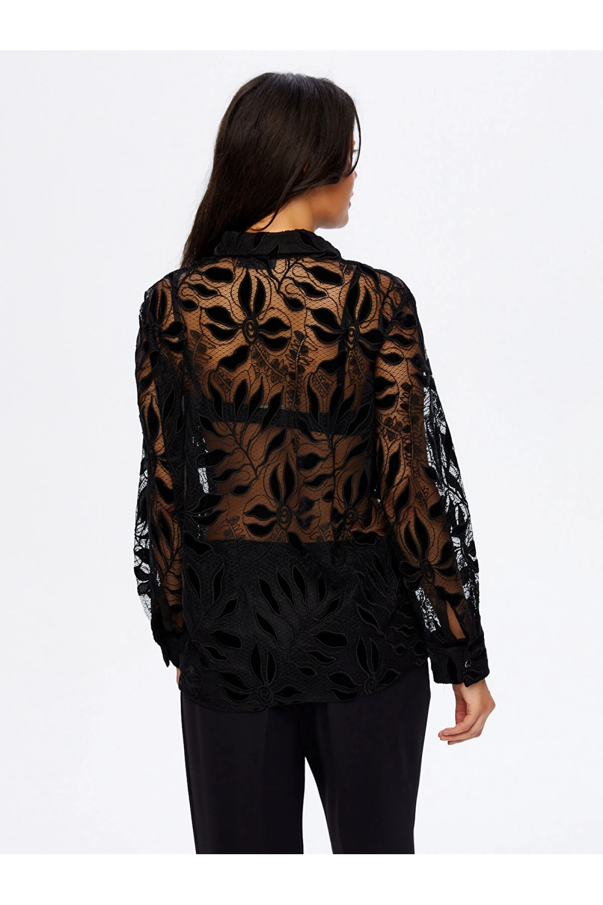 Faik Sönmez Kadın Dantelli Siyah Gömlek UW26GML018