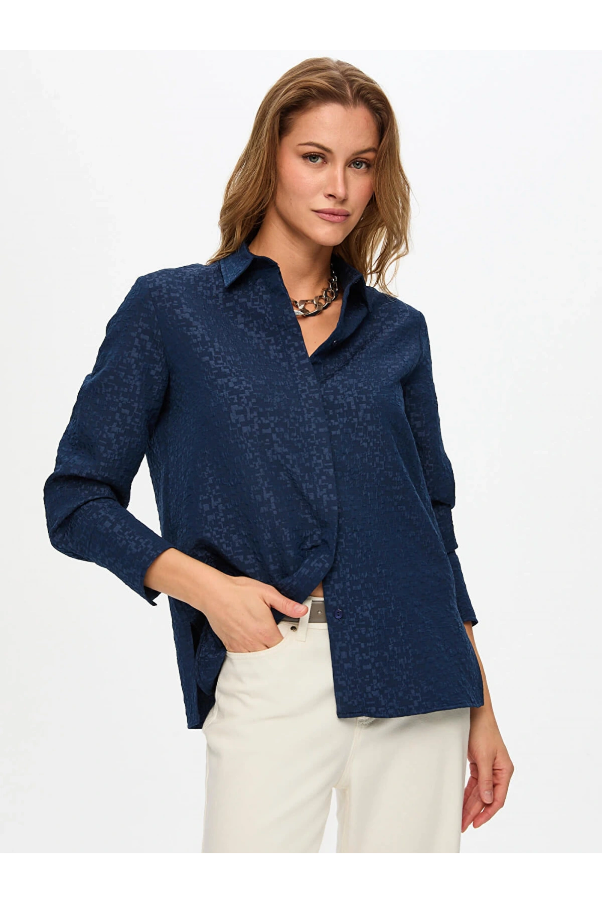 Faik Sönmez Kadın Kendinden Jakarlı Koton Karışımlı İndigo Overshirt Tunik UW26TNK015