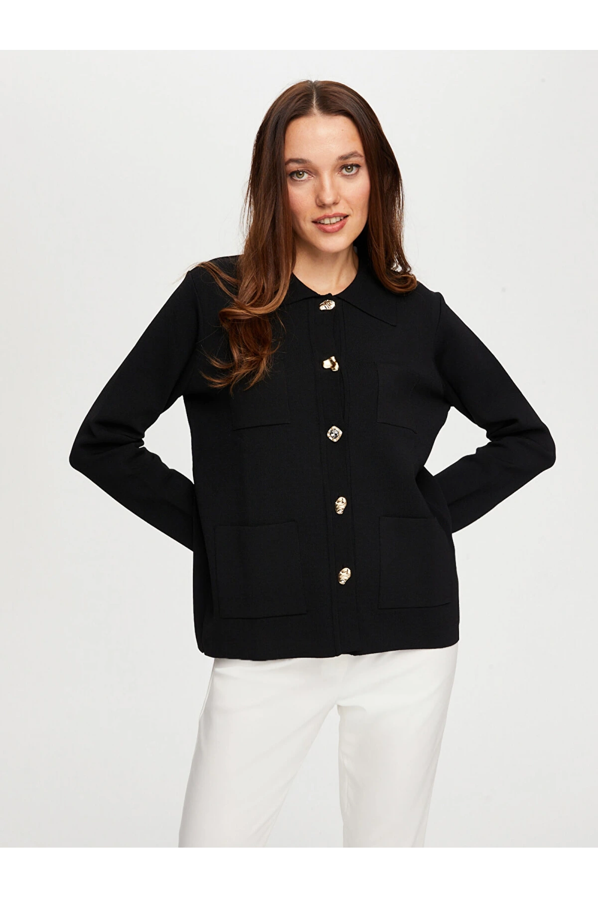 Faik Sönmez Kadın Gold Düğme Detaylı Triko Siyah Ceket Hırka UW26TRH001