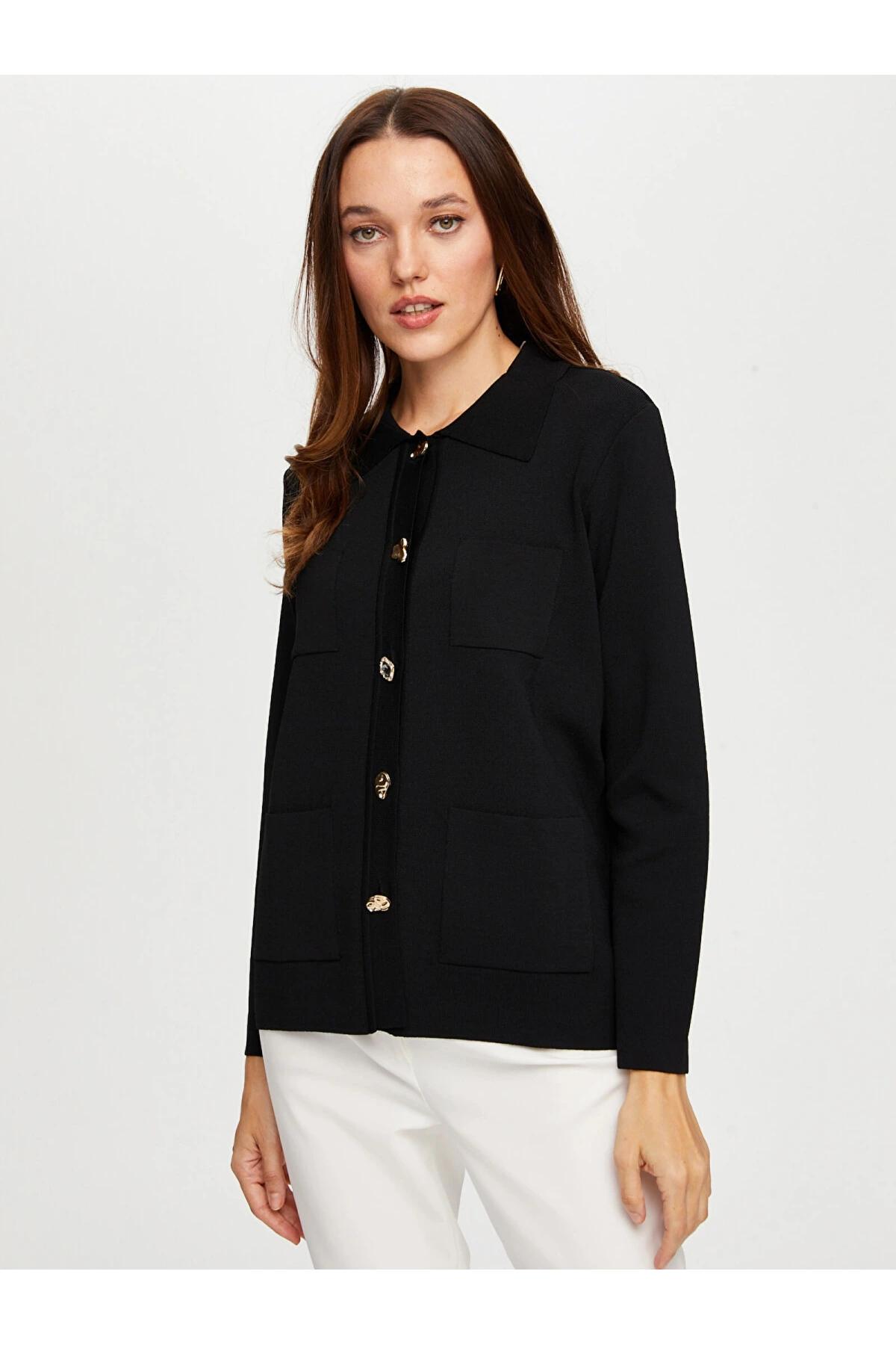 Faik Sönmez Kadın Gold Düğme Detaylı Triko Siyah Ceket Hırka UW26TRH001