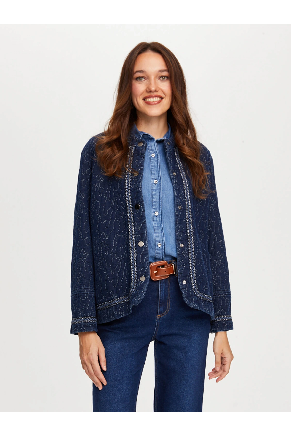 Faik Sönmez Kadın Simli Şerit Detaylı Kapitone Denim İndigo Ceket UW26CKT013