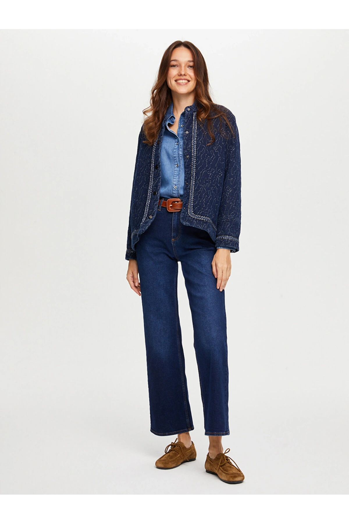 Faik Sönmez Kadın Simli Şerit Detaylı Kapitone Denim İndigo Ceket UW26CKT013