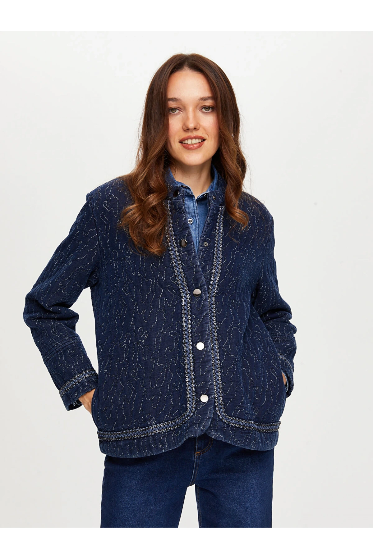 Faik Sönmez Kadın Simli Şerit Detaylı Kapitone Denim İndigo Ceket UW26CKT013