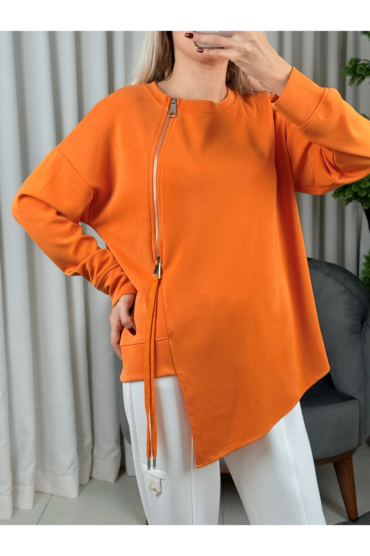 On Fashion Sıfır Yaka Fermuar Detaaylı Tunik 56433