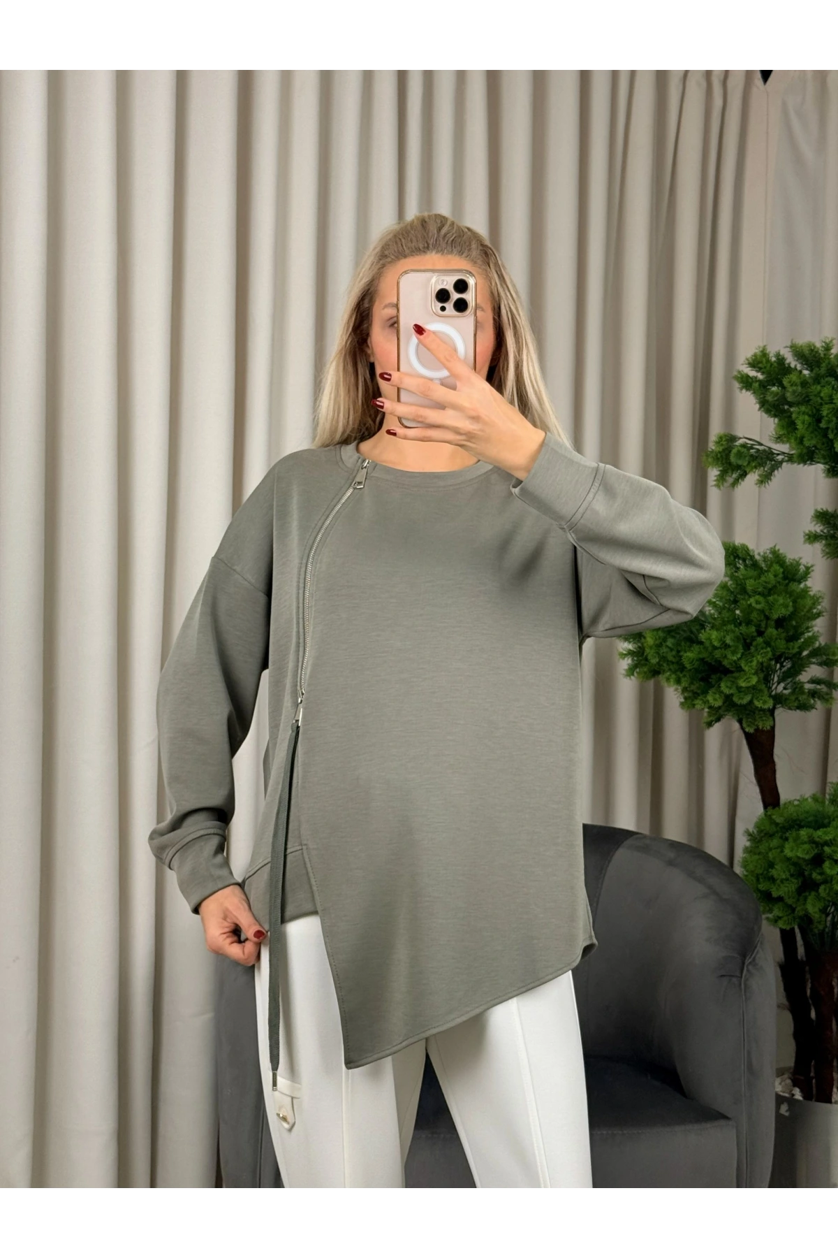 On Fashion Sıfır Yaka Fermuar Detaaylı Tunik 56433