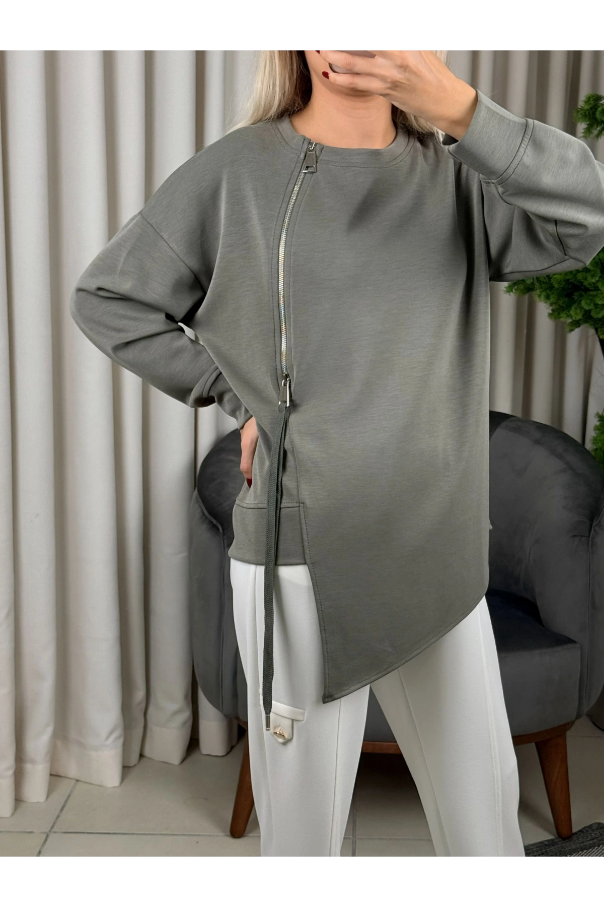 On Fashion Sıfır Yaka Fermuar Detaaylı Tunik 56433