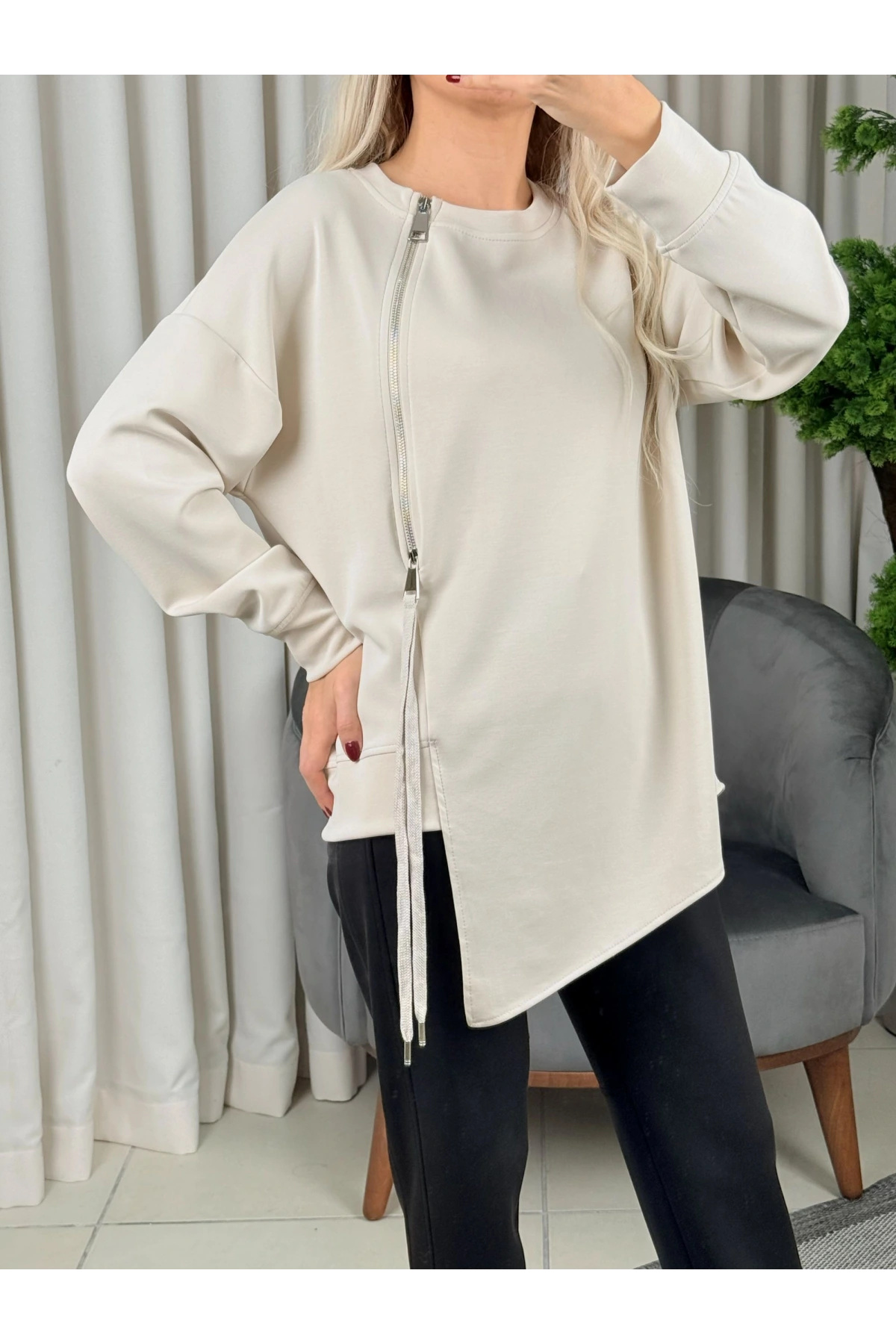 On Fashion Sıfır Yaka Fermuar Detaaylı Tunik 56433