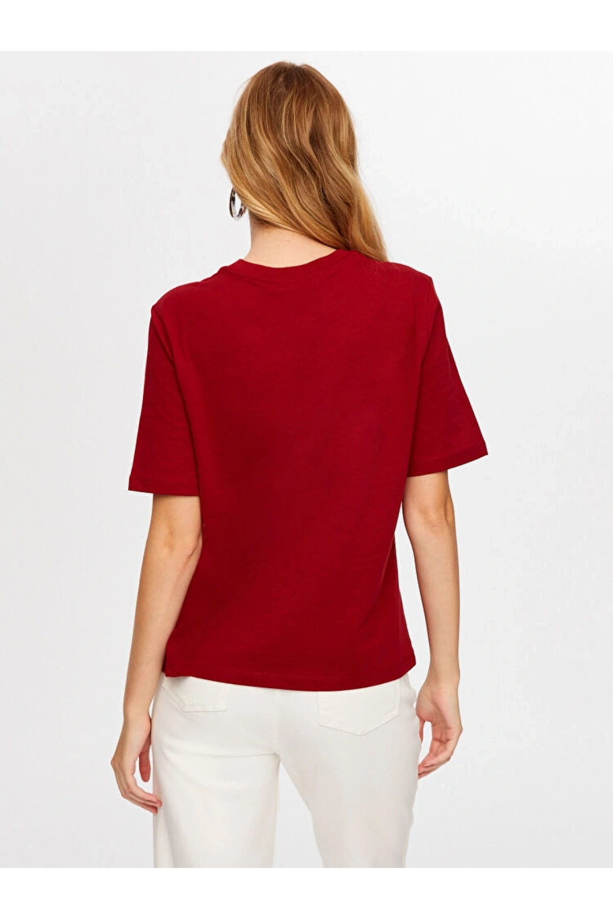 Faik Sönmez Kadın Taş Kalp Nakışlı Kısa Kollu Bordo T-Shirt UW26TSH094