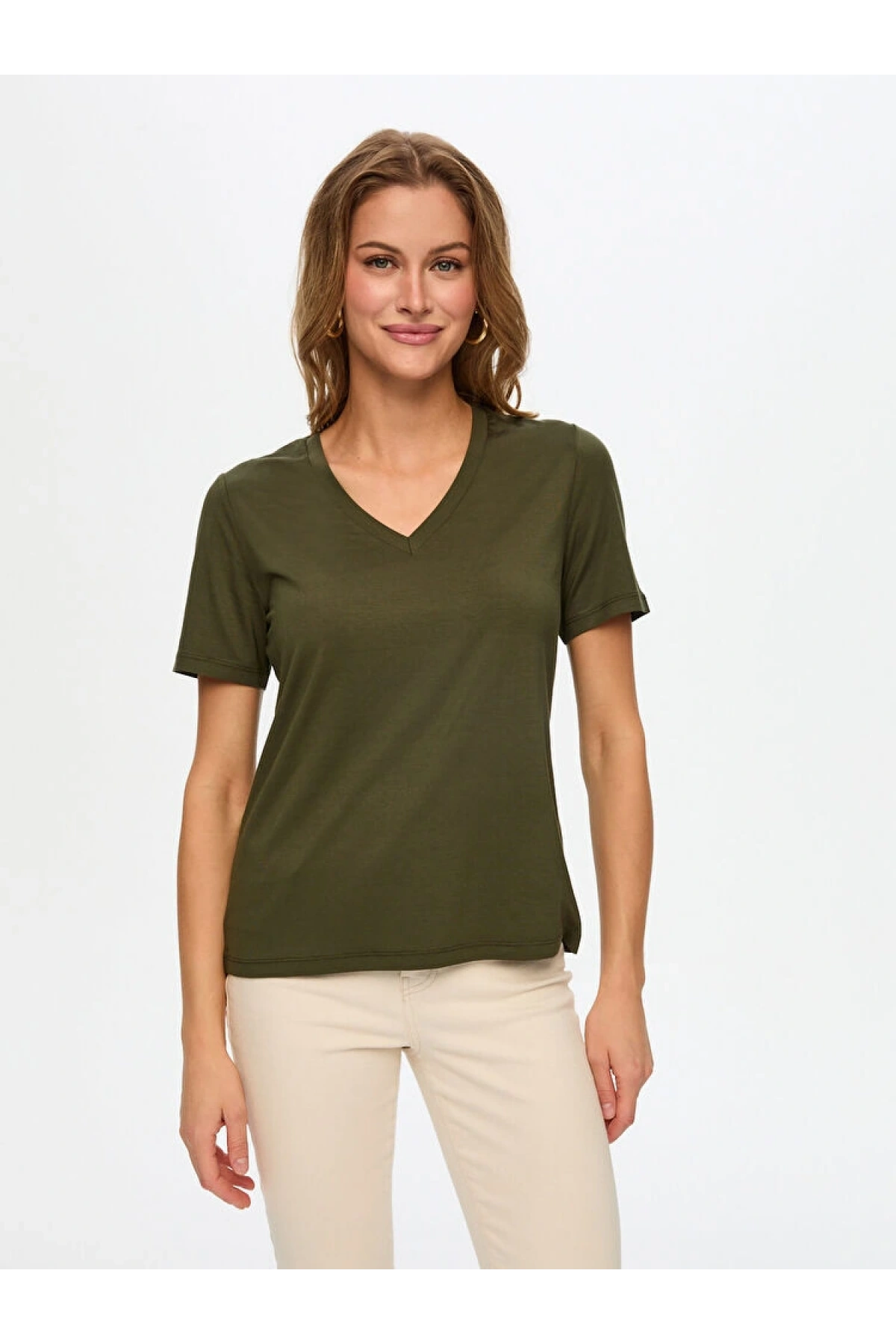 Faik Sönmez Kadın V Yaka Kısa Kol Haki T-Shirt BW26TSH008