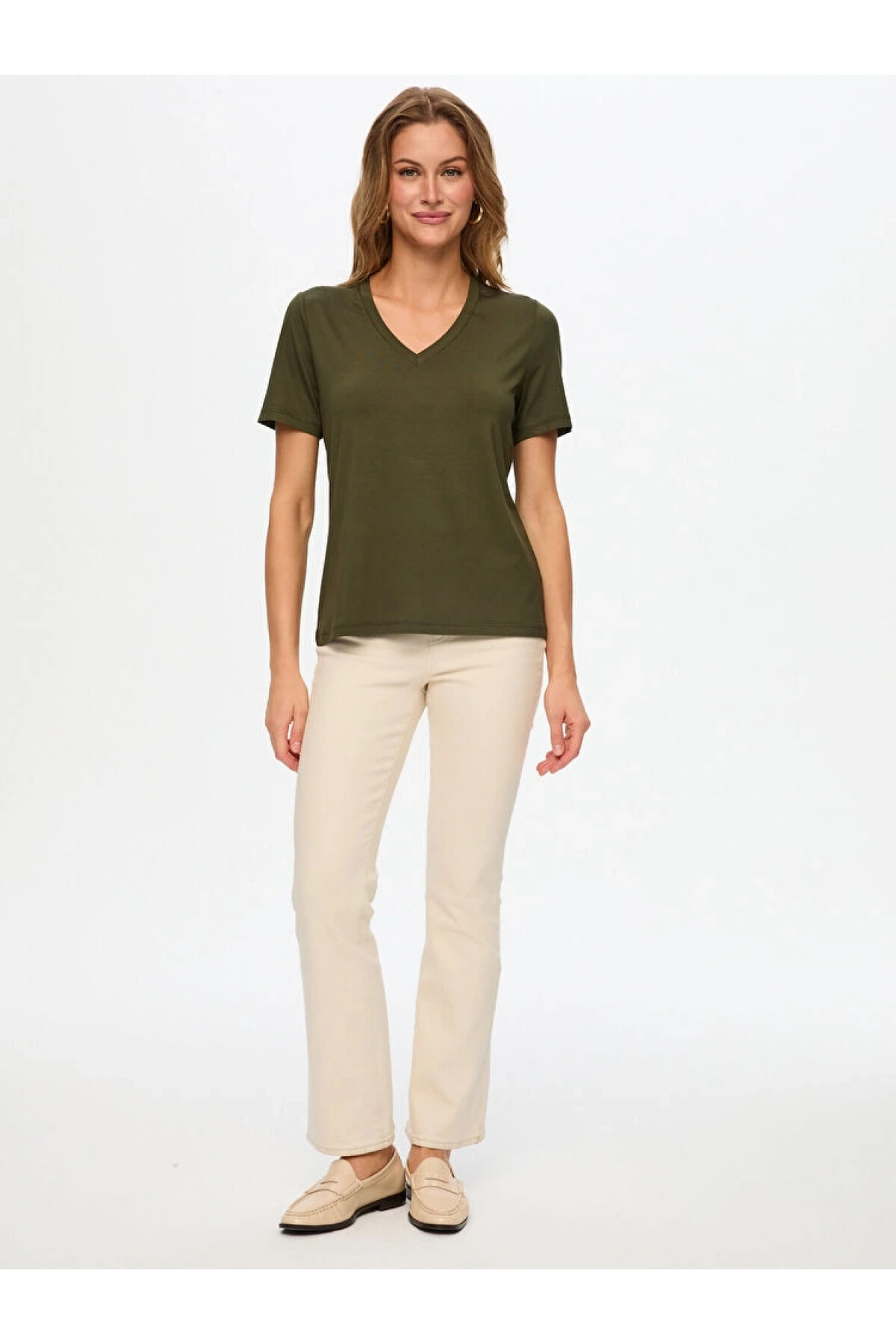 Faik Sönmez Kadın V Yaka Kısa Kol Haki T-Shirt BW26TSH008