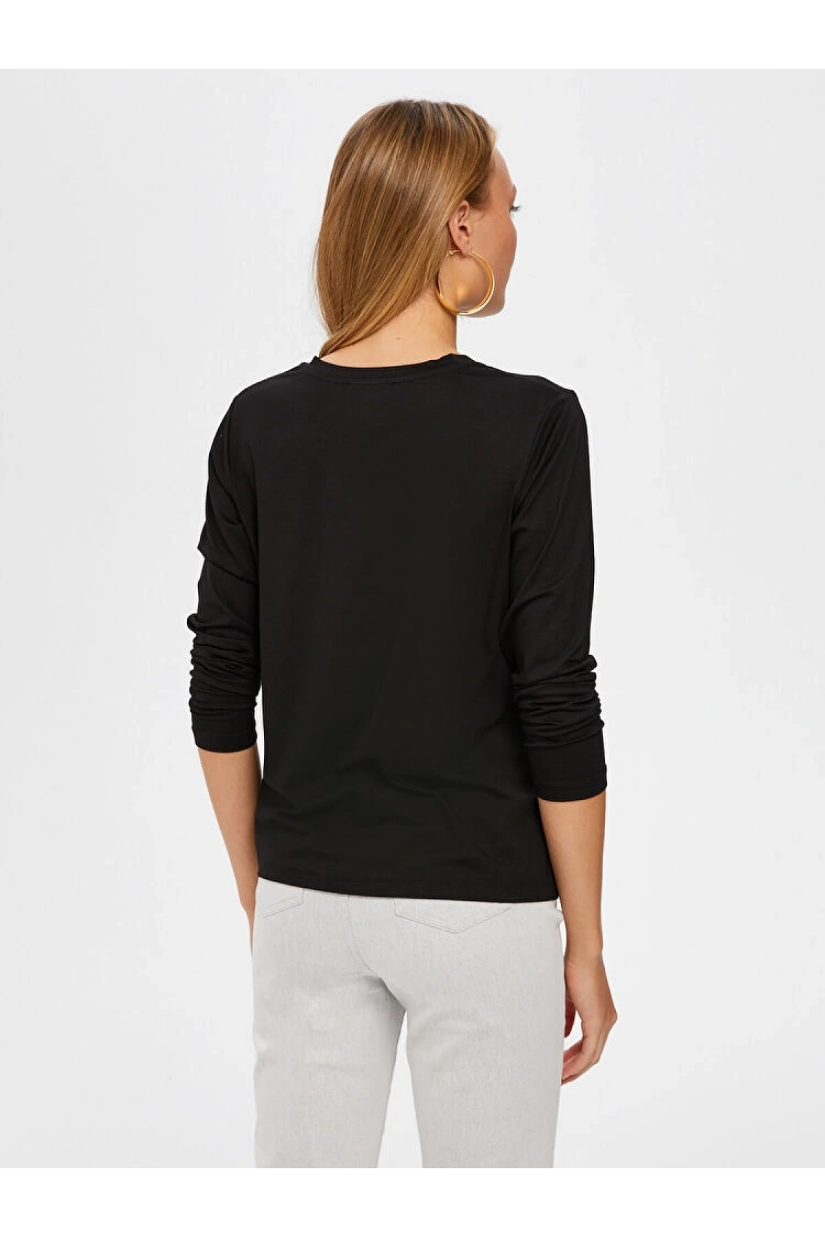 Faik Sönmez Kadın V Yaka Uzun Kol Siyah T-Shirt B00012